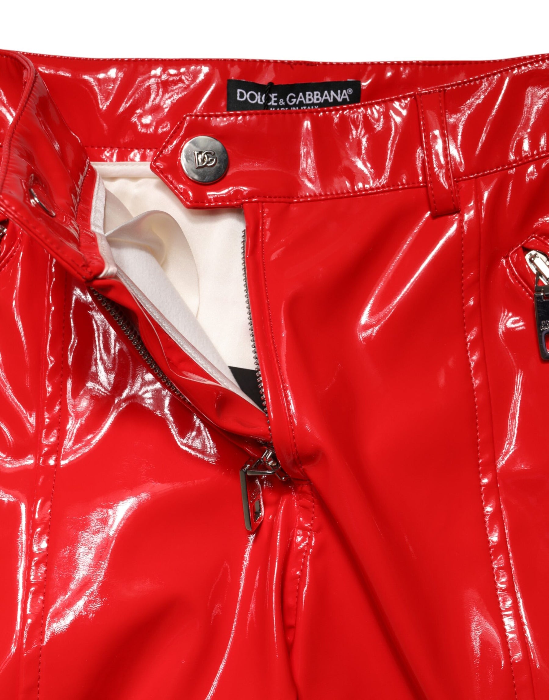 Dolce & Gabbana Red Glossy Polyester Cargo Boot Cut Pants | Regal Royce