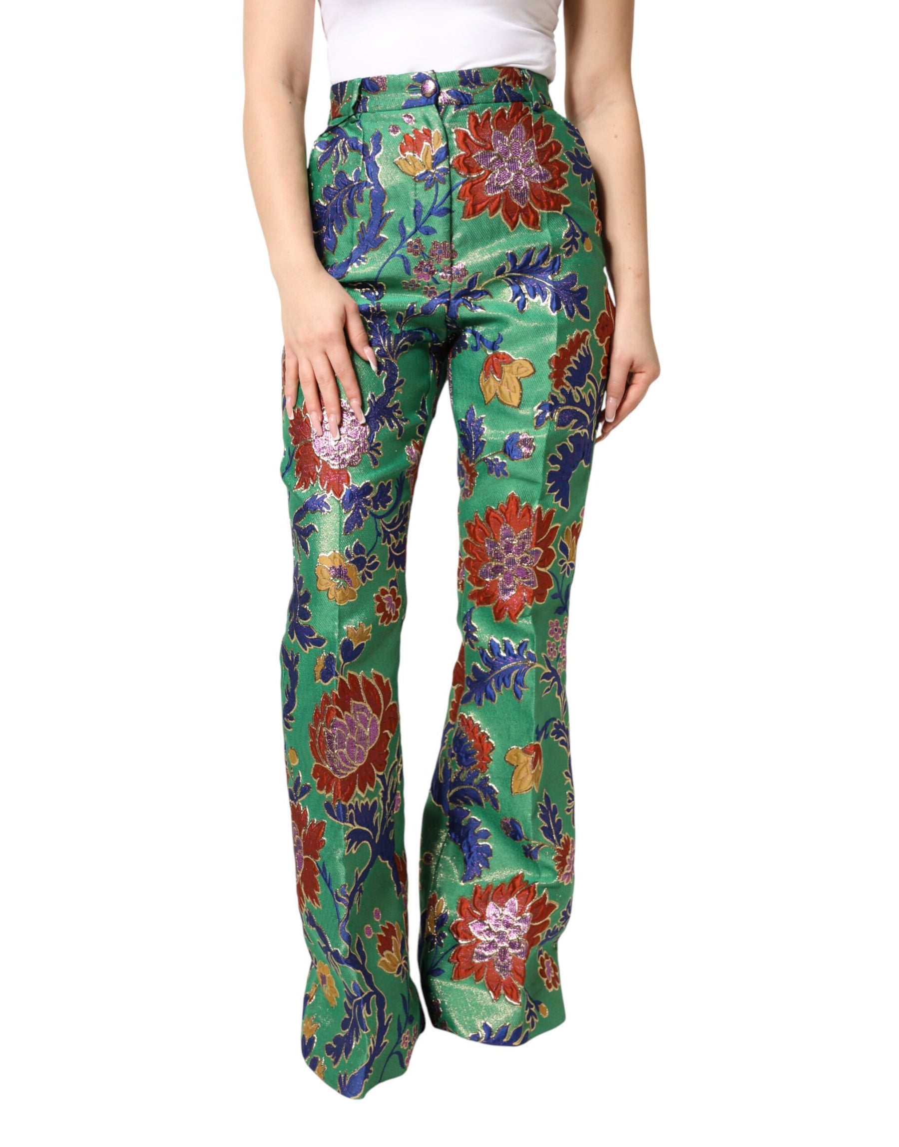 Dolce & Gabbana Green Floral Polyester BootCut Trouser Pants | Regal Royce
