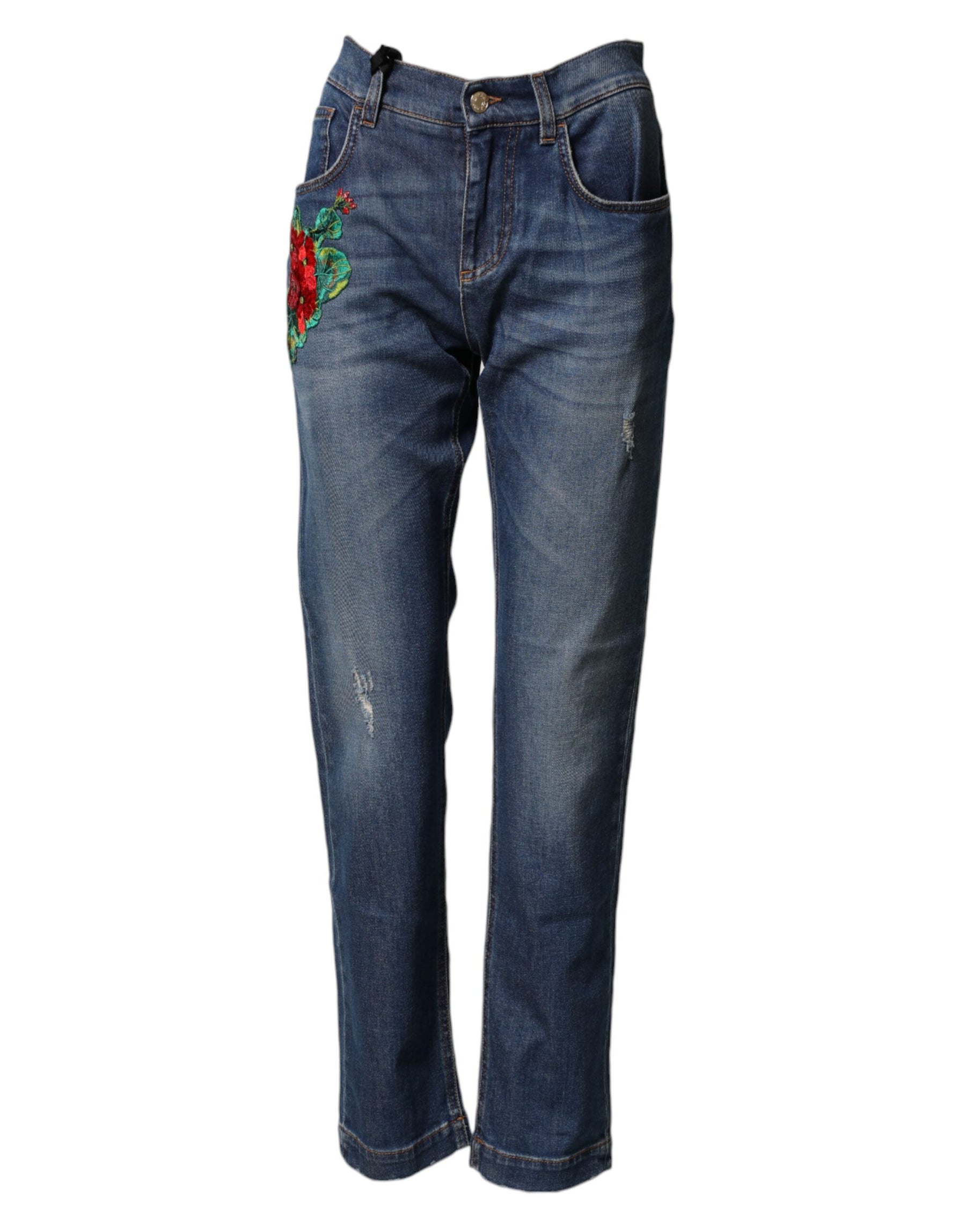 Dolce & Gabbana Blue Floral Embroidered BOYFRIEND Denim Jeans | Regal Royce