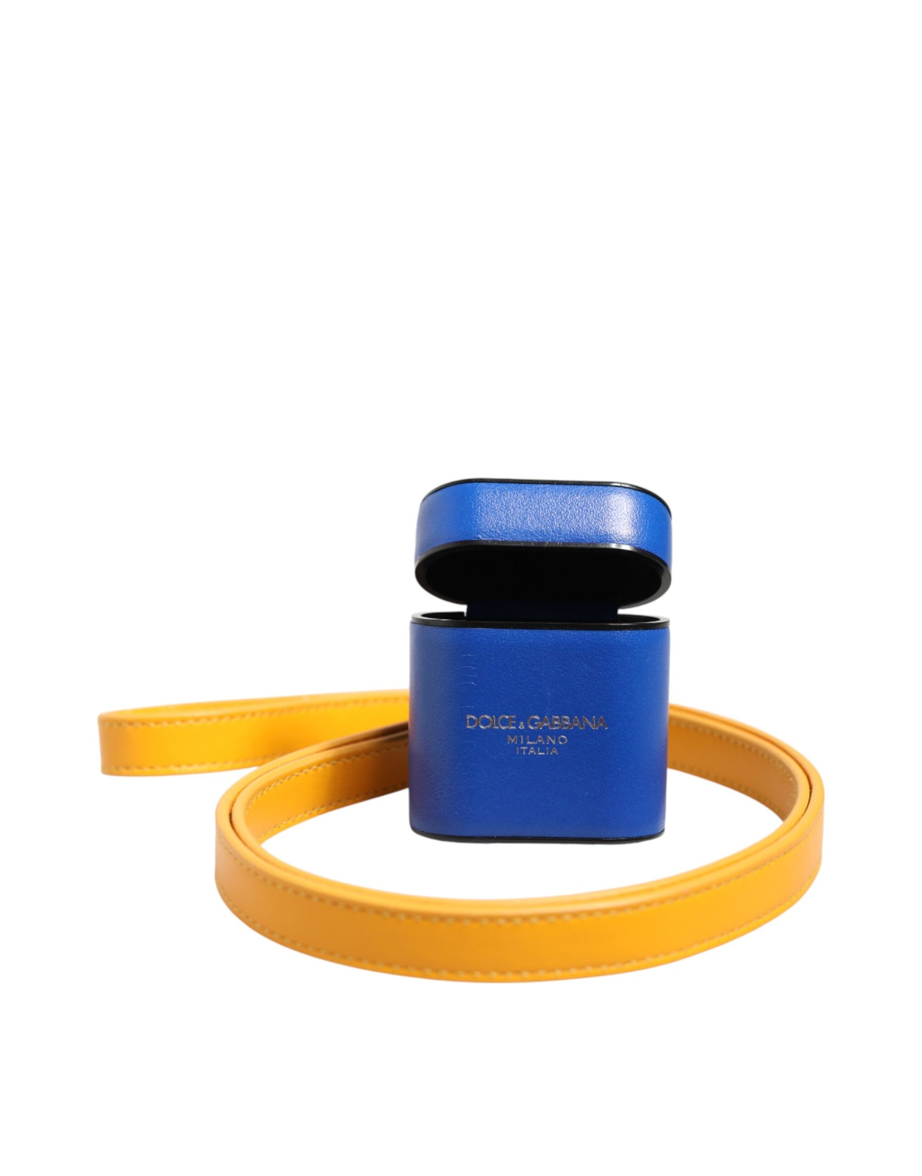 Dolce & Gabbana Blue Yellow Calfskin Leather Logo Strap Men Airpods Case | Regal Royce
