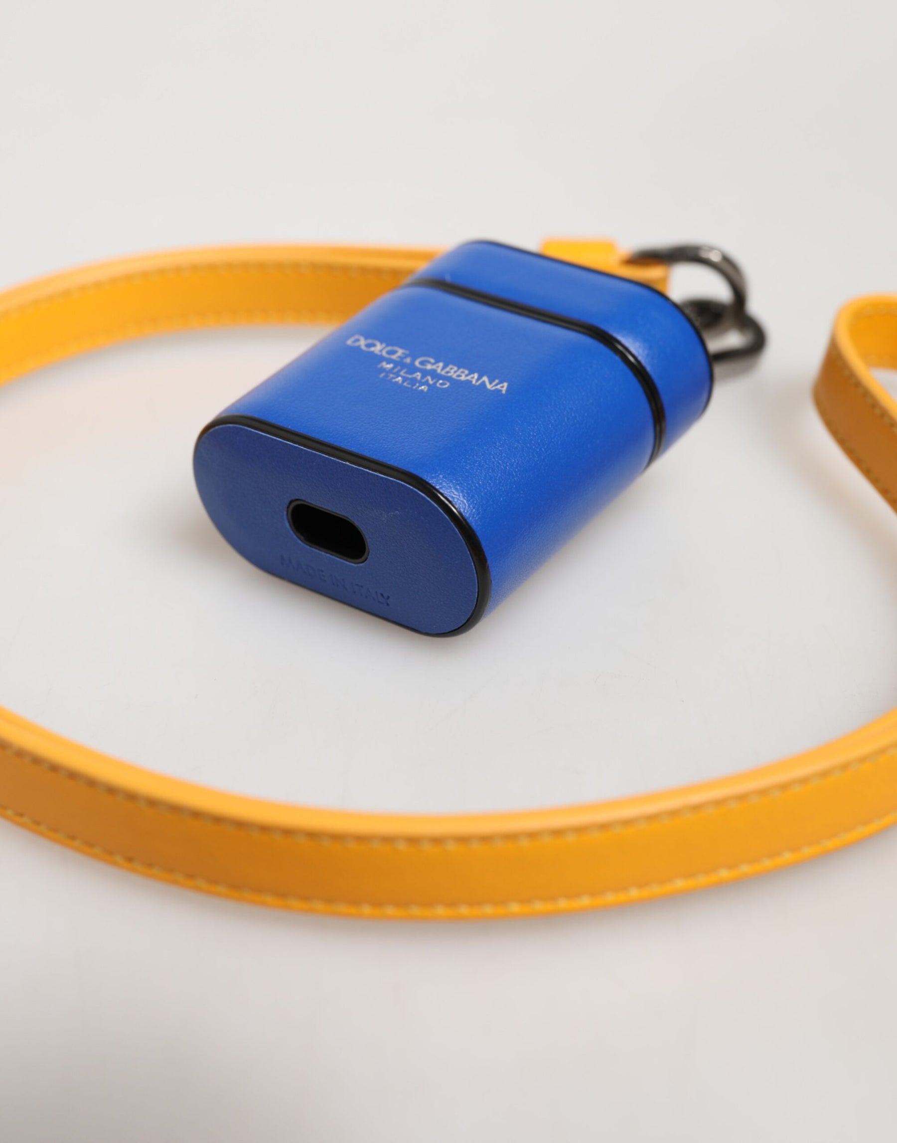 Dolce & Gabbana Blue Yellow Calfskin Leather Logo Strap Men Airpods Case | Regal Royce
