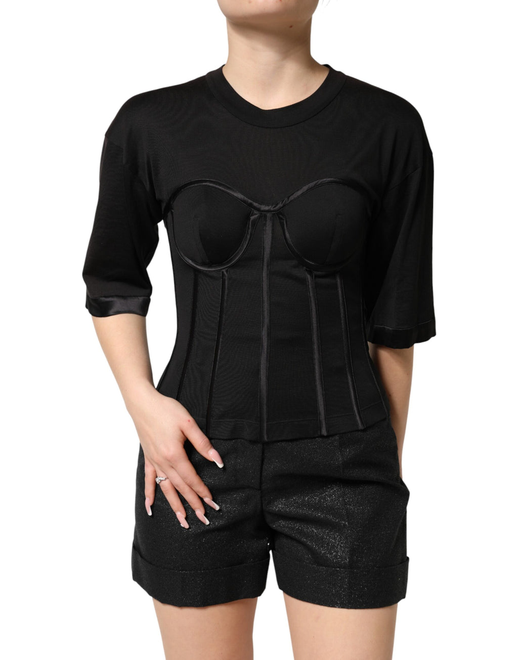 Dolce & Gabbana Black Cotton Bustier Corset Short Sleeves T-shirt