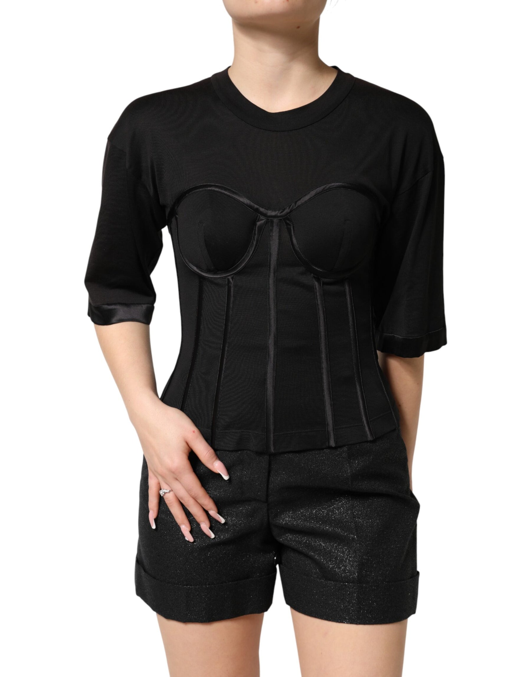 Dolce & Gabbana Black Cotton Bustier Corset Short Sleeves T-shirt | Regal Royce