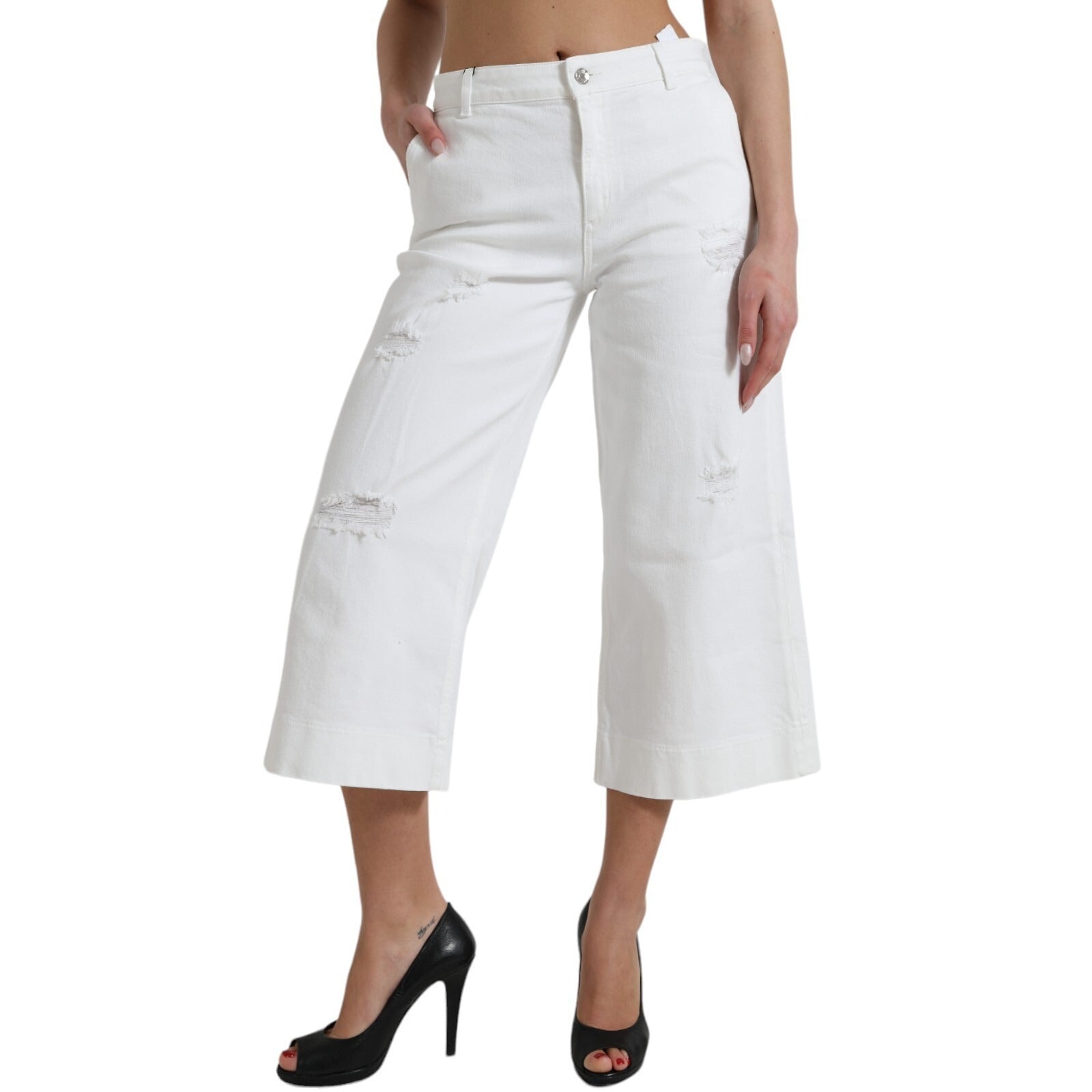 Dolce & Gabbana Wide Leg White Cotton Cropped Denim Jeans | Regal Royce