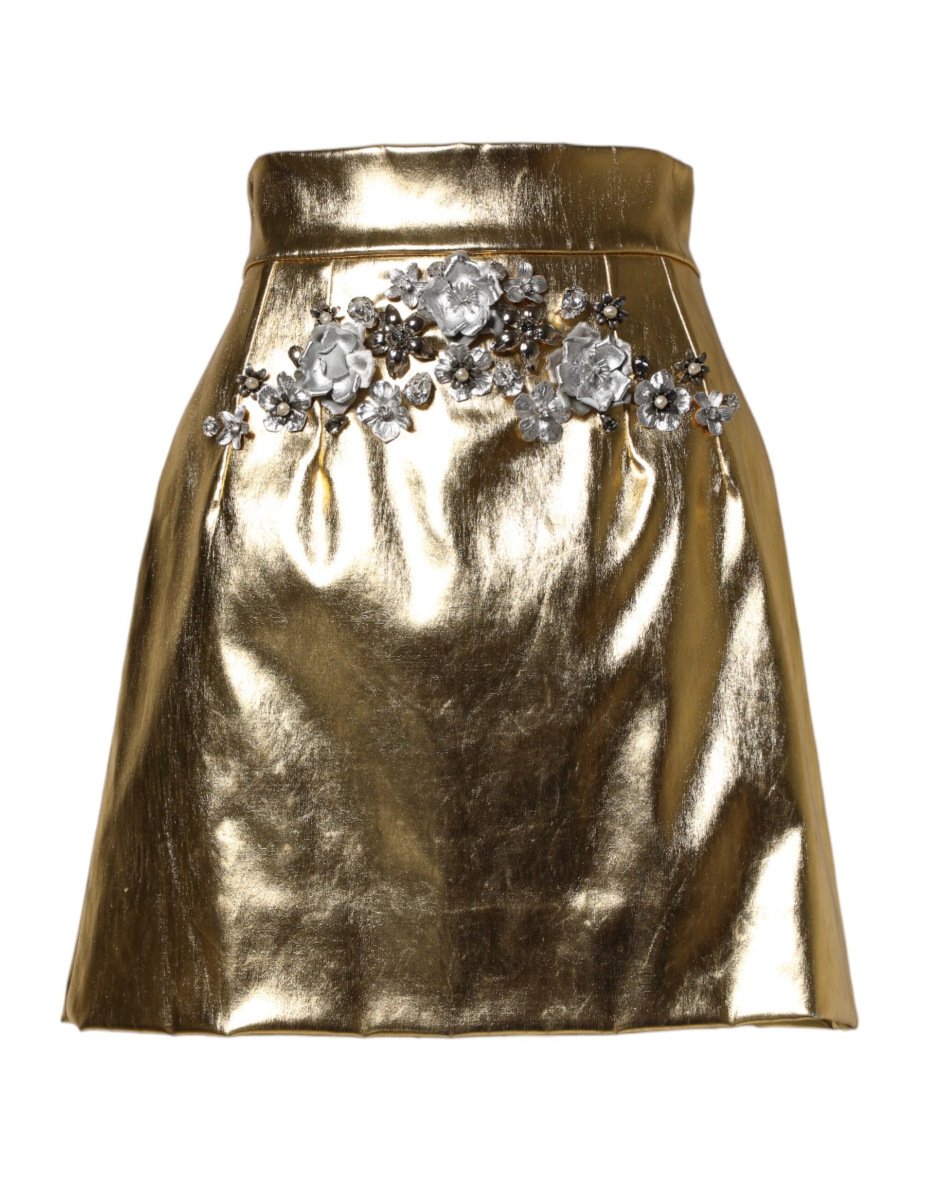 Dolce & Gabbana Gold Acetate Crystal High Waist Mini Skirt | Regal Royce