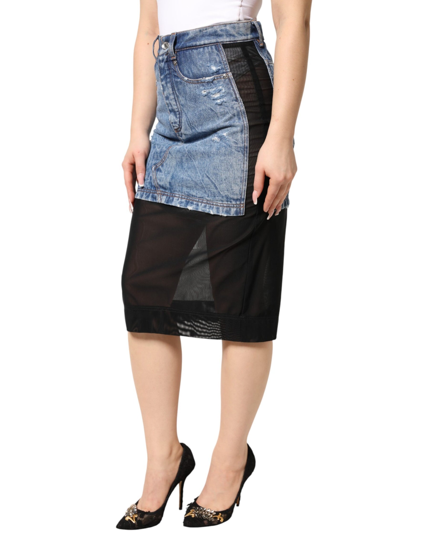 Dolce & Gabbana Blue Black Cotton Denim Sheer Midi Skirt | Regal Royce
