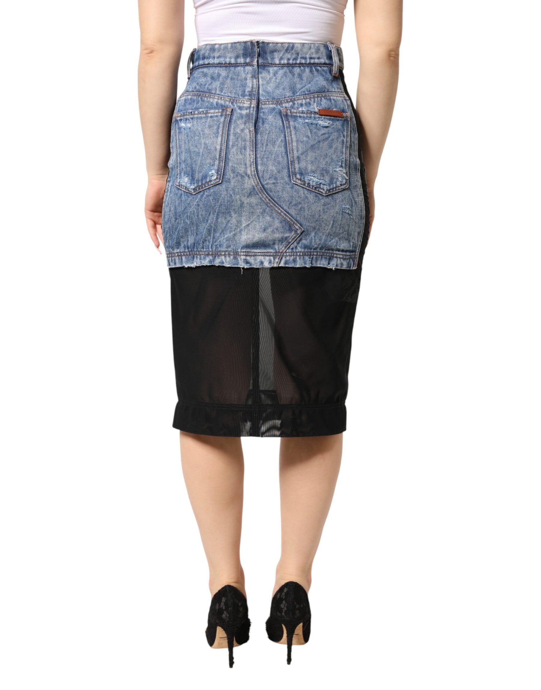 Dolce & Gabbana Blue Black Cotton Denim Sheer Midi Skirt | Regal Royce