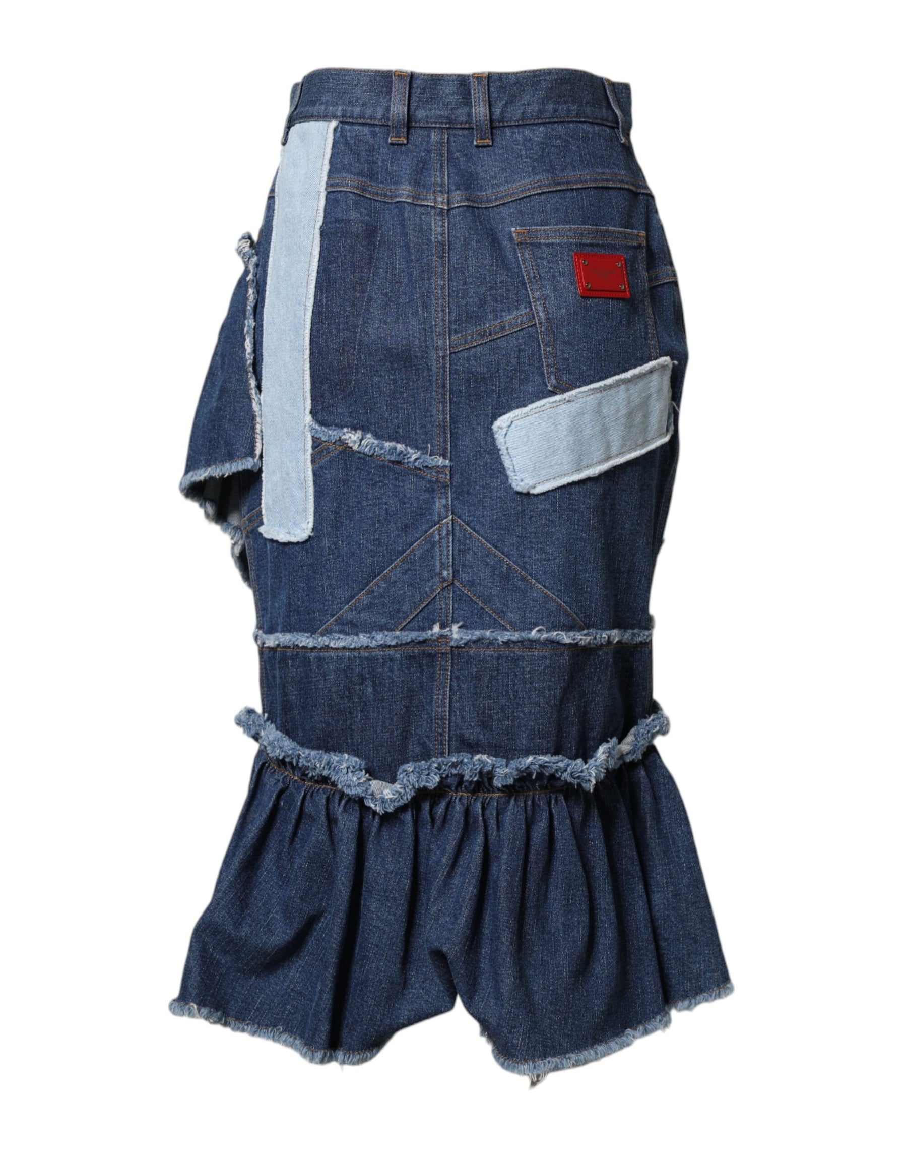 Dolce & Gabbana Blue Patchwork Layered Denim Midi Skirt | Regal Royce