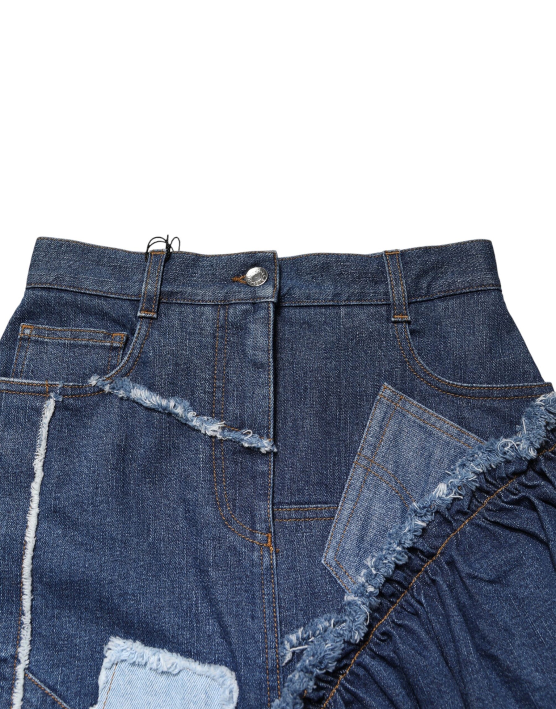 Dolce & Gabbana Blue Patchwork Layered Denim Midi Skirt | Regal Royce