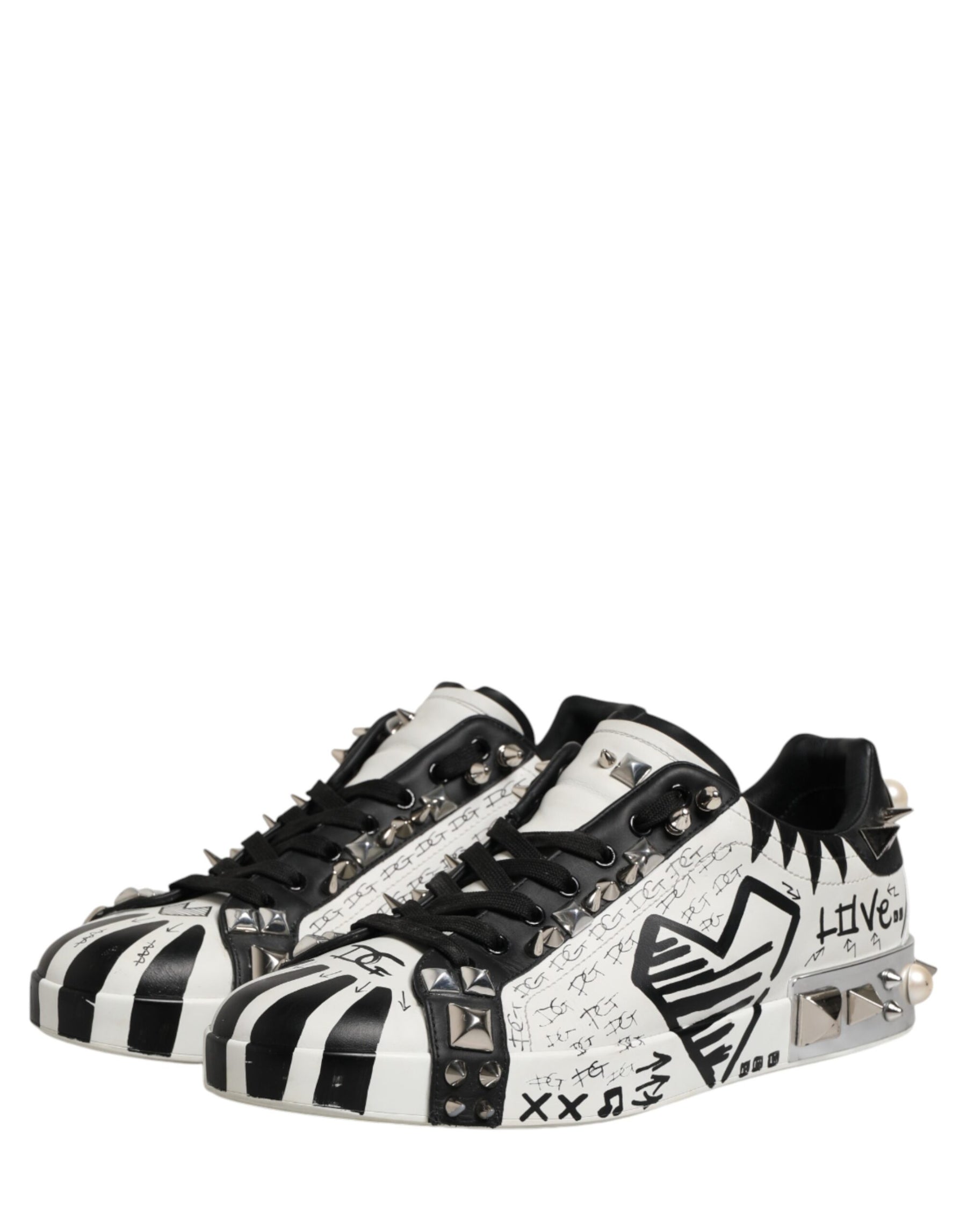 Dolce & Gabbana Black White Studded Low Top Sneakers Shoes | Regal Royce