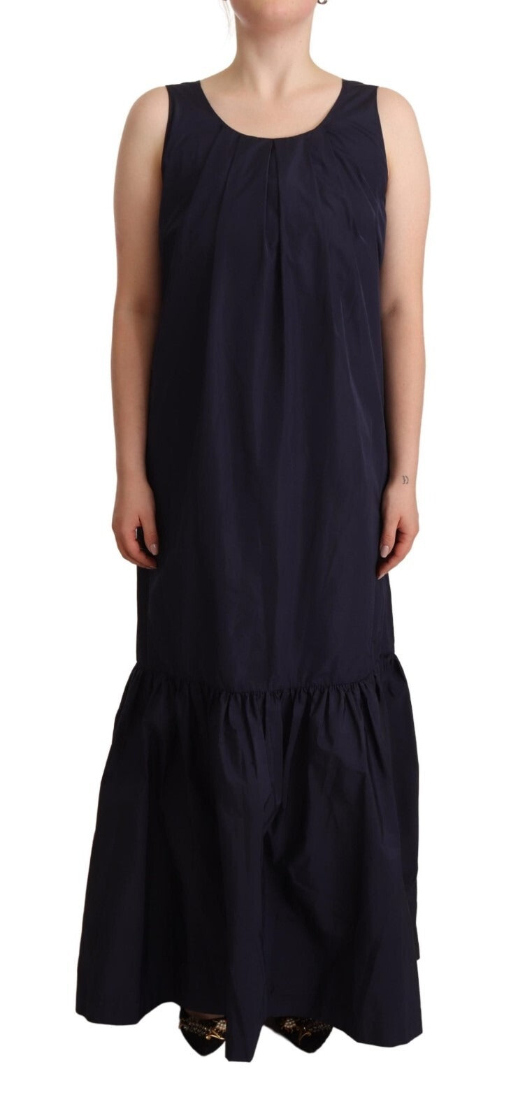P.A.R.O.S.H. Navy Blue Sleeveless Round Neck Mermaid Long Dress | Regal Royce