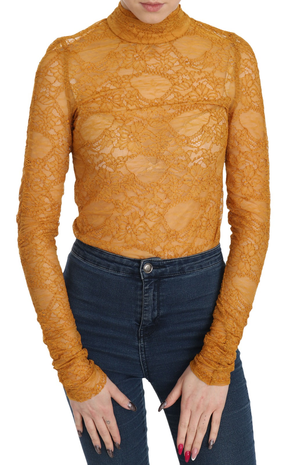 Mangano Mustard Turtle Neck Long Sleeve Lace Top Blouse | Regal Royce
