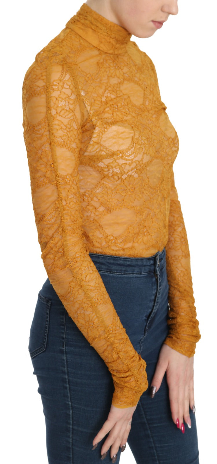 Mangano Mustard Turtle Neck Long Sleeve Lace Top Blouse | Regal Royce