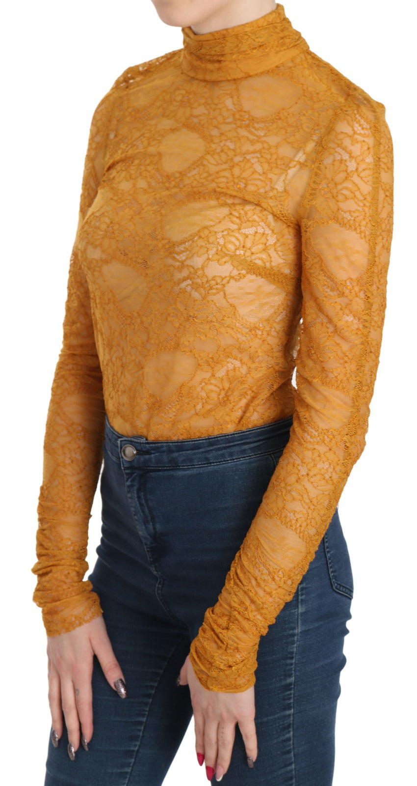Mangano Mustard Turtle Neck Long Sleeve Lace Top Blouse | Regal Royce