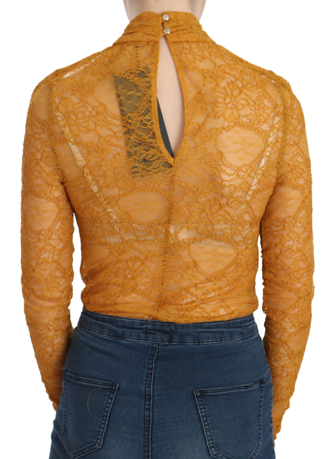 Mangano Mustard Turtle Neck Long Sleeve Lace Top Blouse | Regal Royce