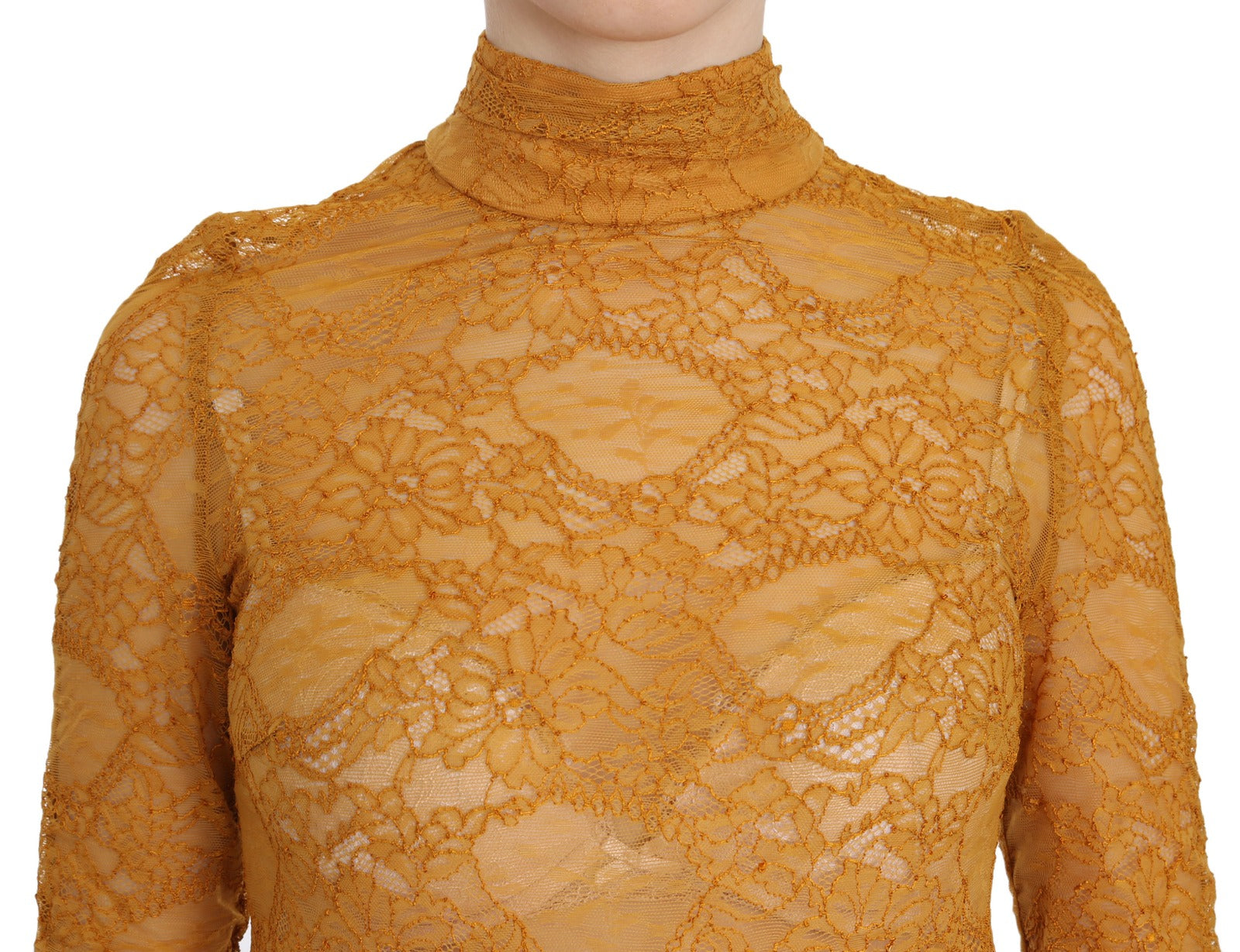 Mangano Mustard Turtle Neck Long Sleeve Lace Top Blouse | Regal Royce