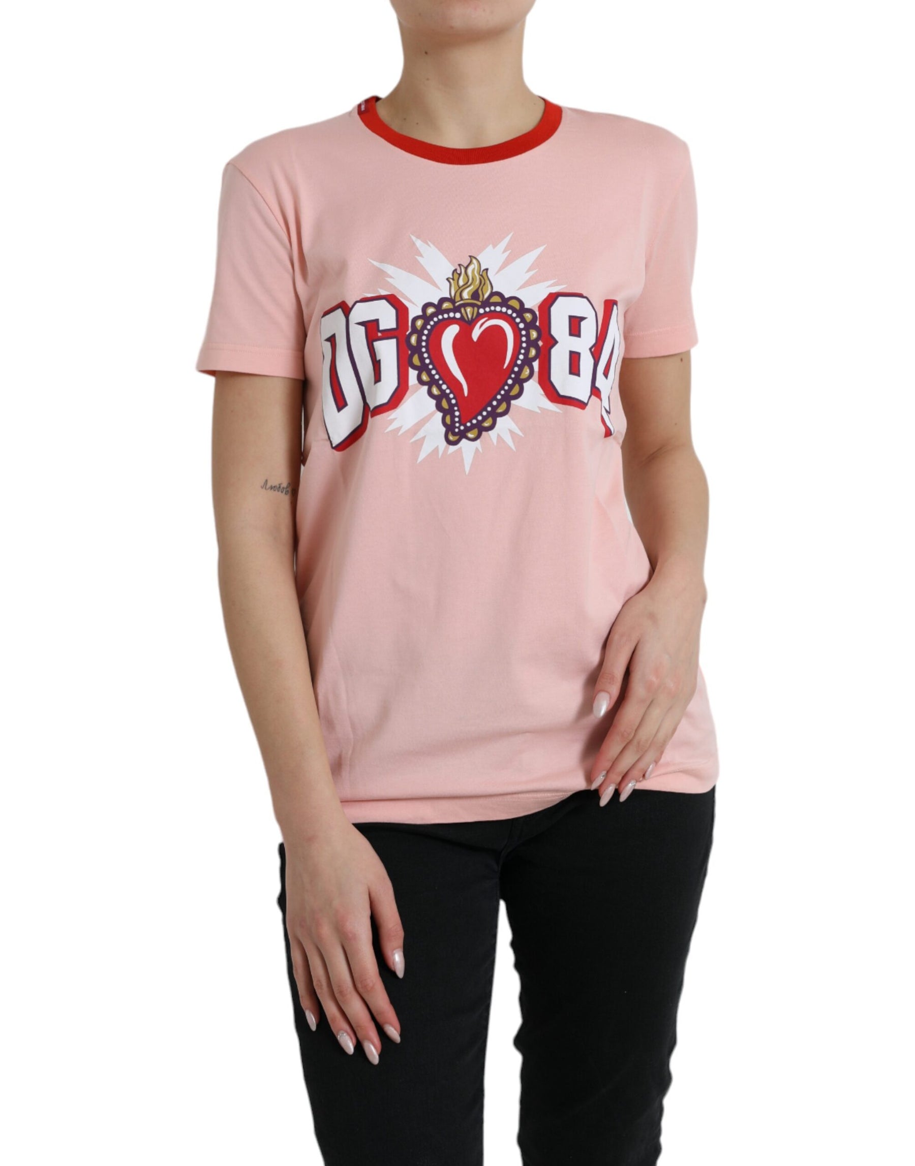 Dolce & Gabbana Pink Graphic Print Cotton Crew Neck T-shirt | Regal Royce