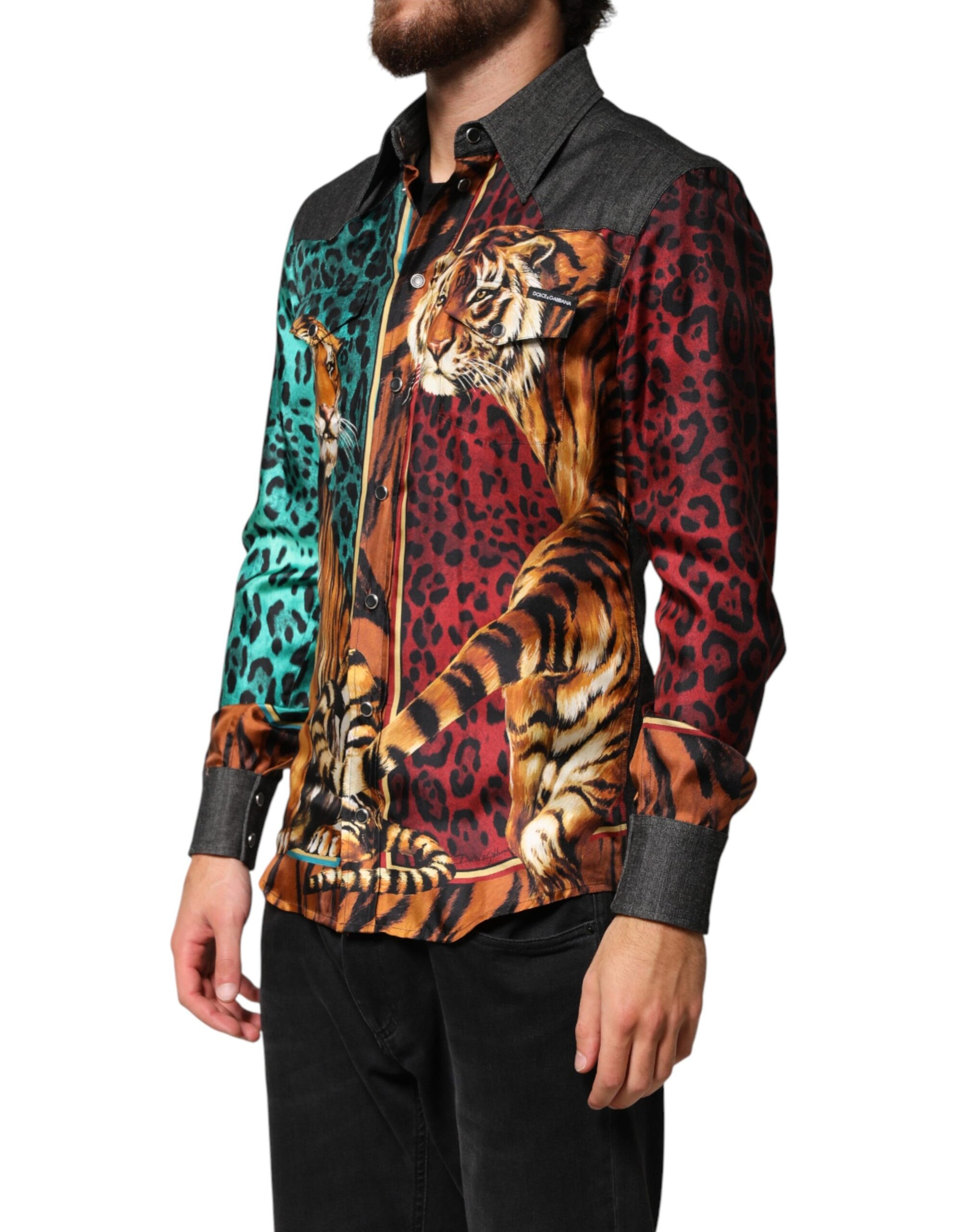 Dolce & Gabbana Multicolor Tiger Leopard Print Silk Men Shirt | Regal Royce