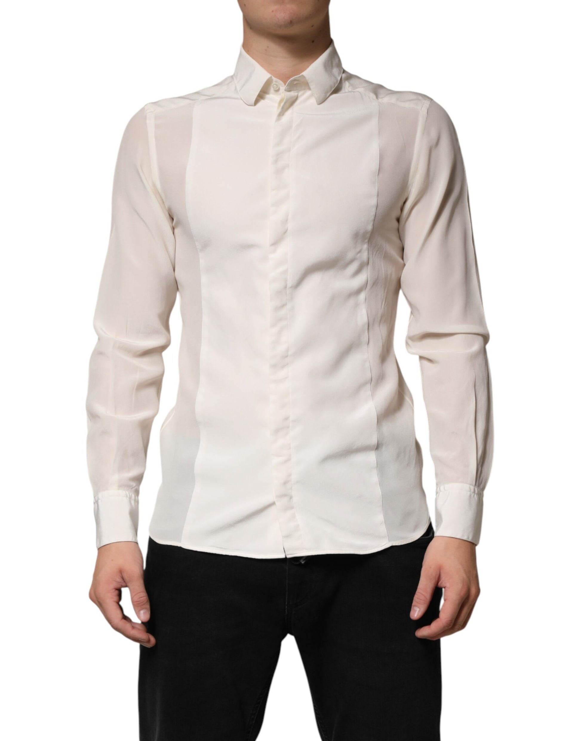 Dolce & Gabbana Off White Silk Men GOLD Dress Formal Shirt | Regal Royce