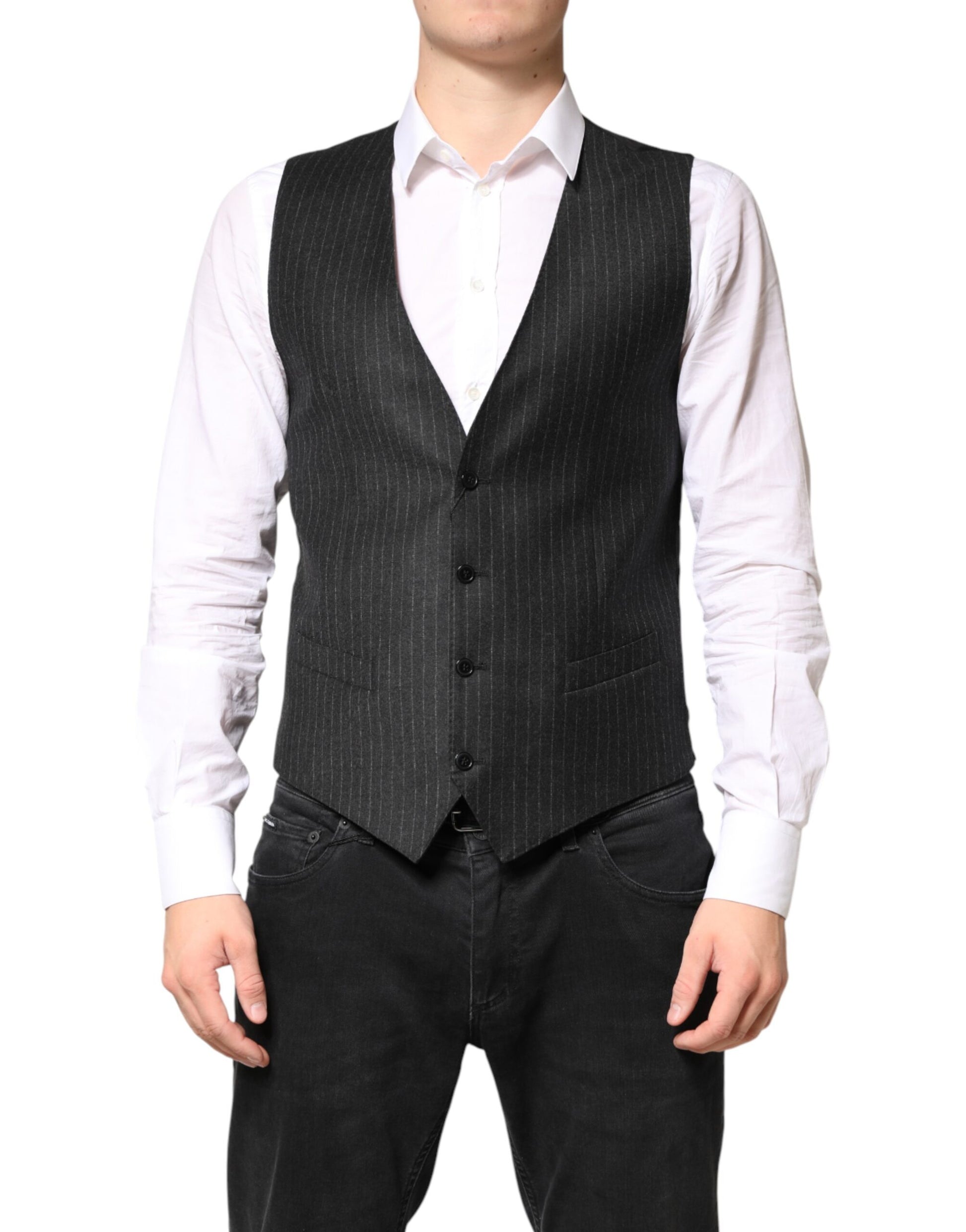 Dolce & Gabbana Black Stripes Wool Dress Men Waistcoat Vest | Regal Royce