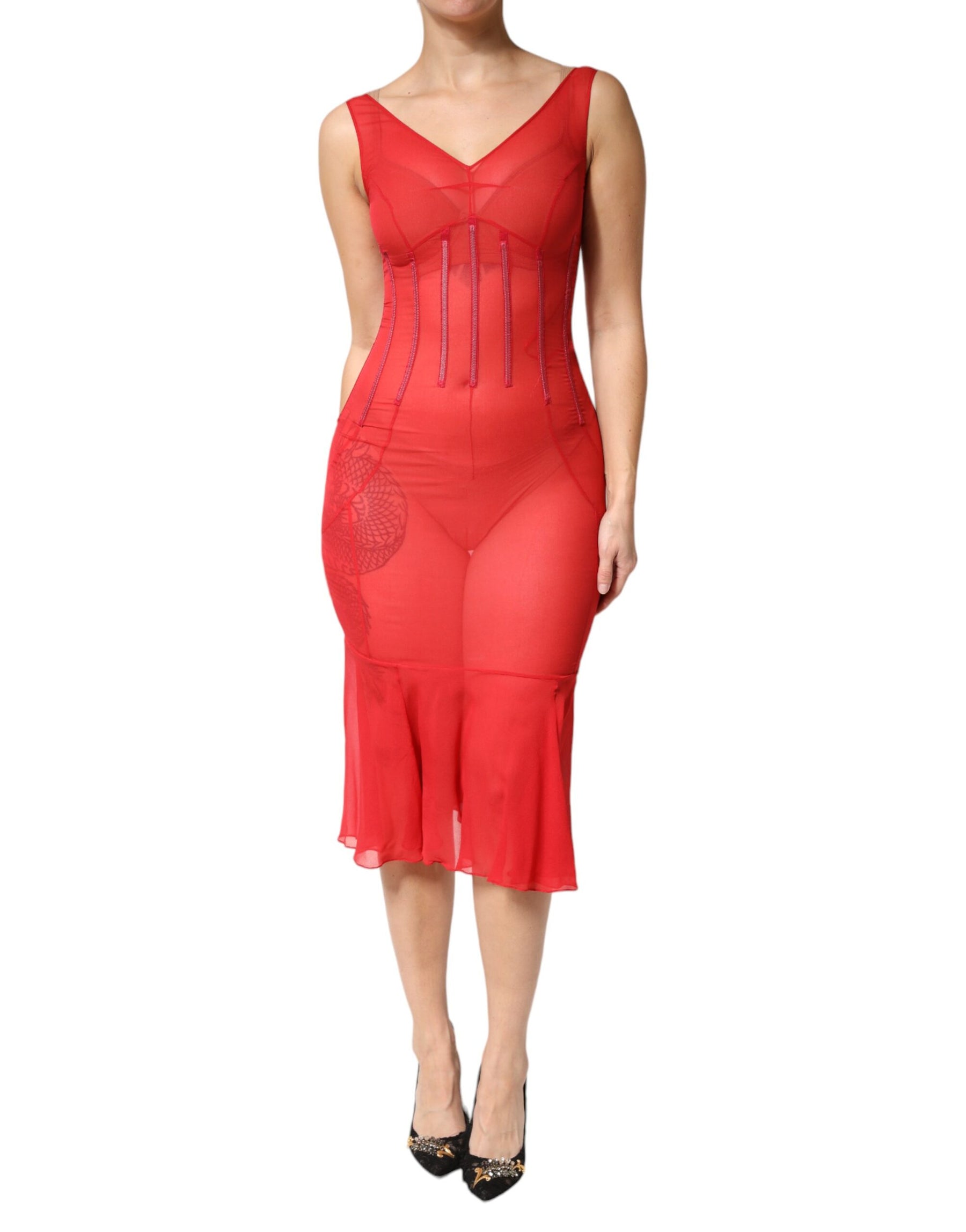 Dolce & Gabbana Red Silk Sleeveless Sheath V-neck Midi Dress | Regal Royce