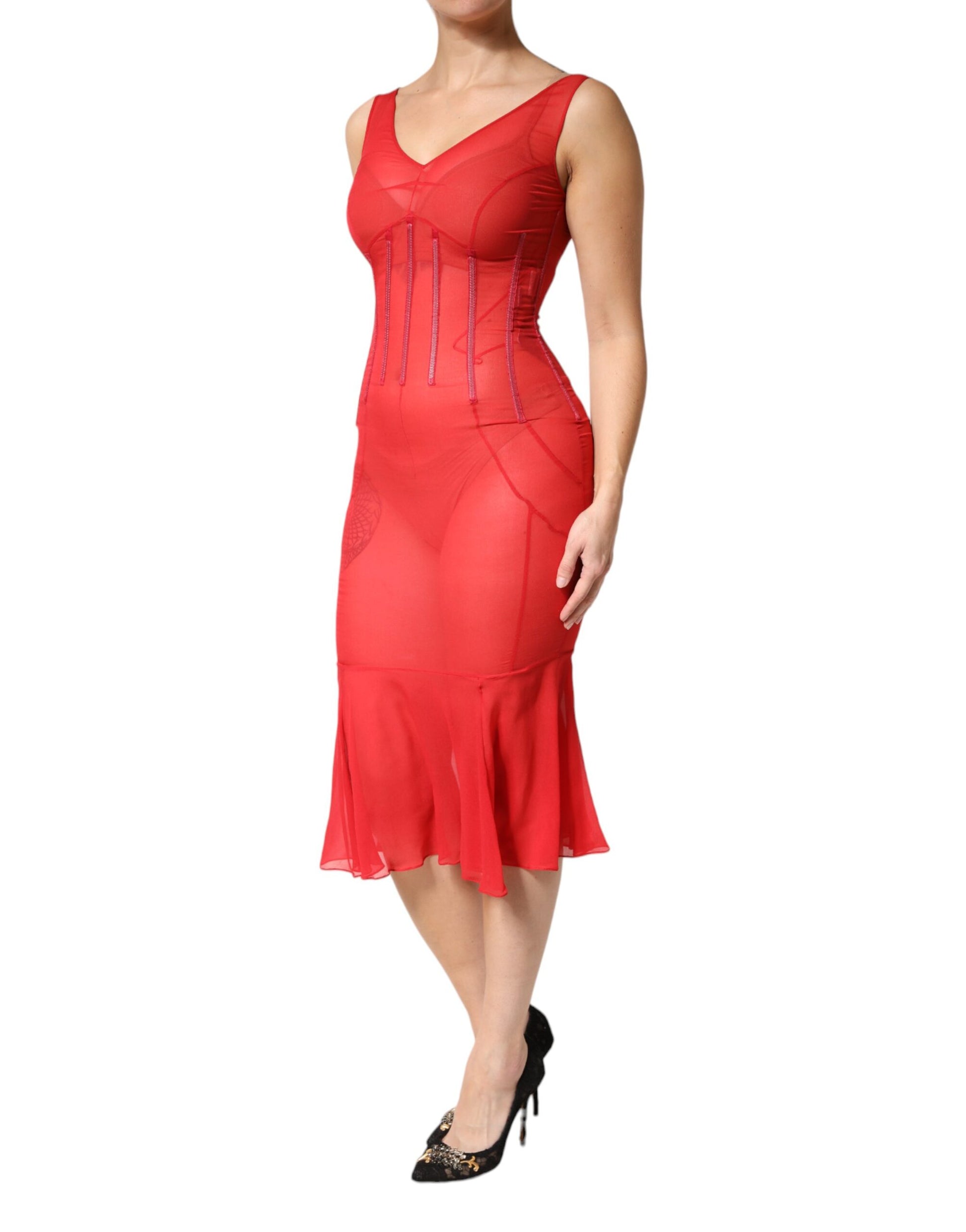 Dolce & Gabbana Red Silk Sleeveless Sheath V-neck Midi Dress | Regal Royce