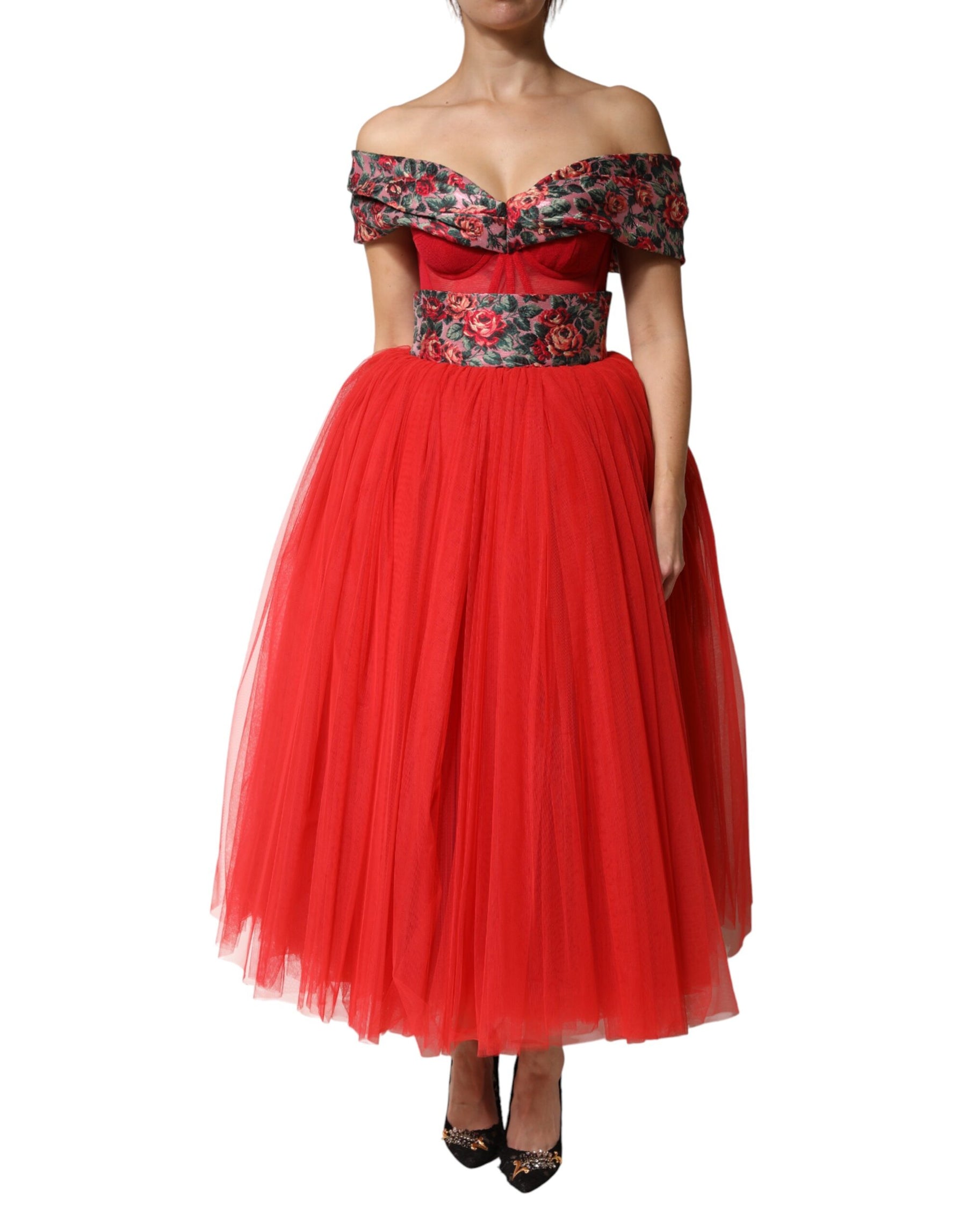 Dolce & Gabbana Red Floral Off Shoulder A-line Gown Dress | Regal Royce