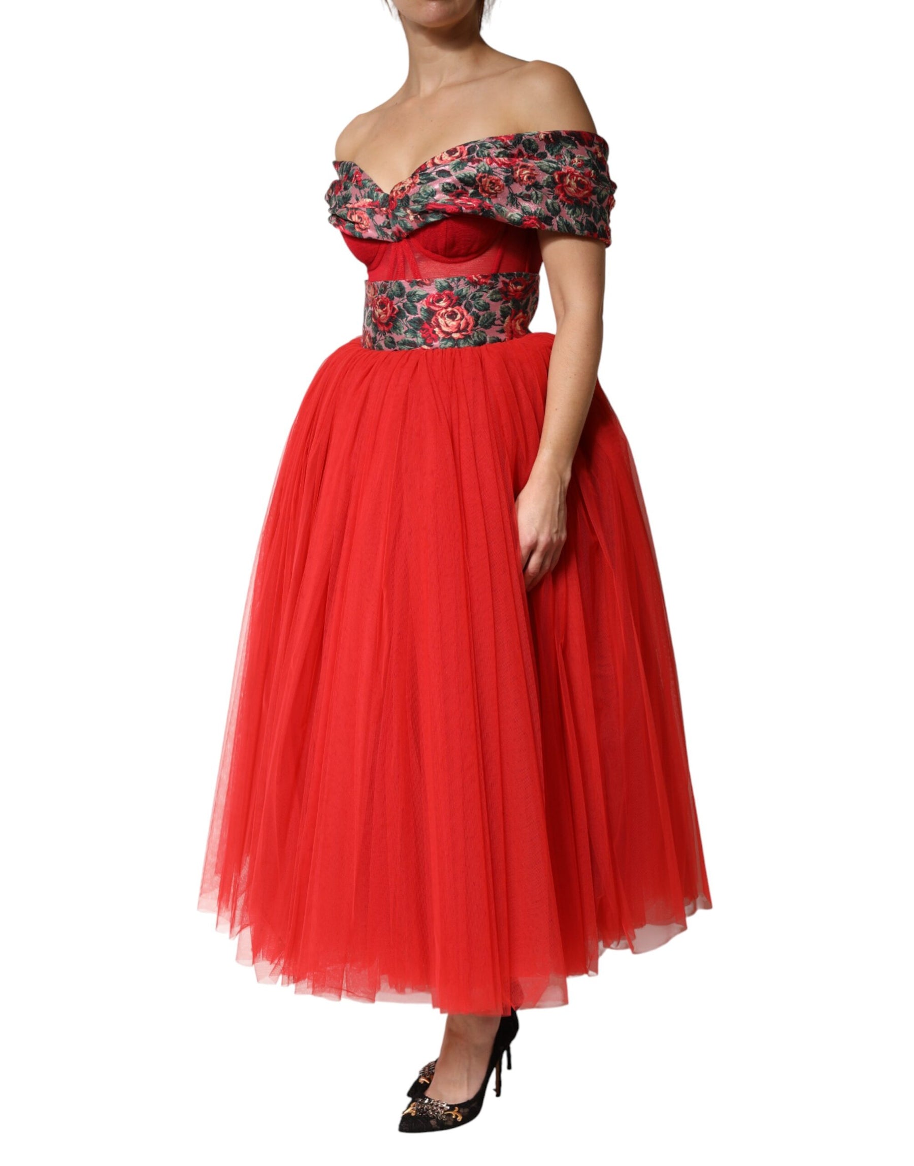 Dolce & Gabbana Red Floral Off Shoulder A-line Gown Dress | Regal Royce