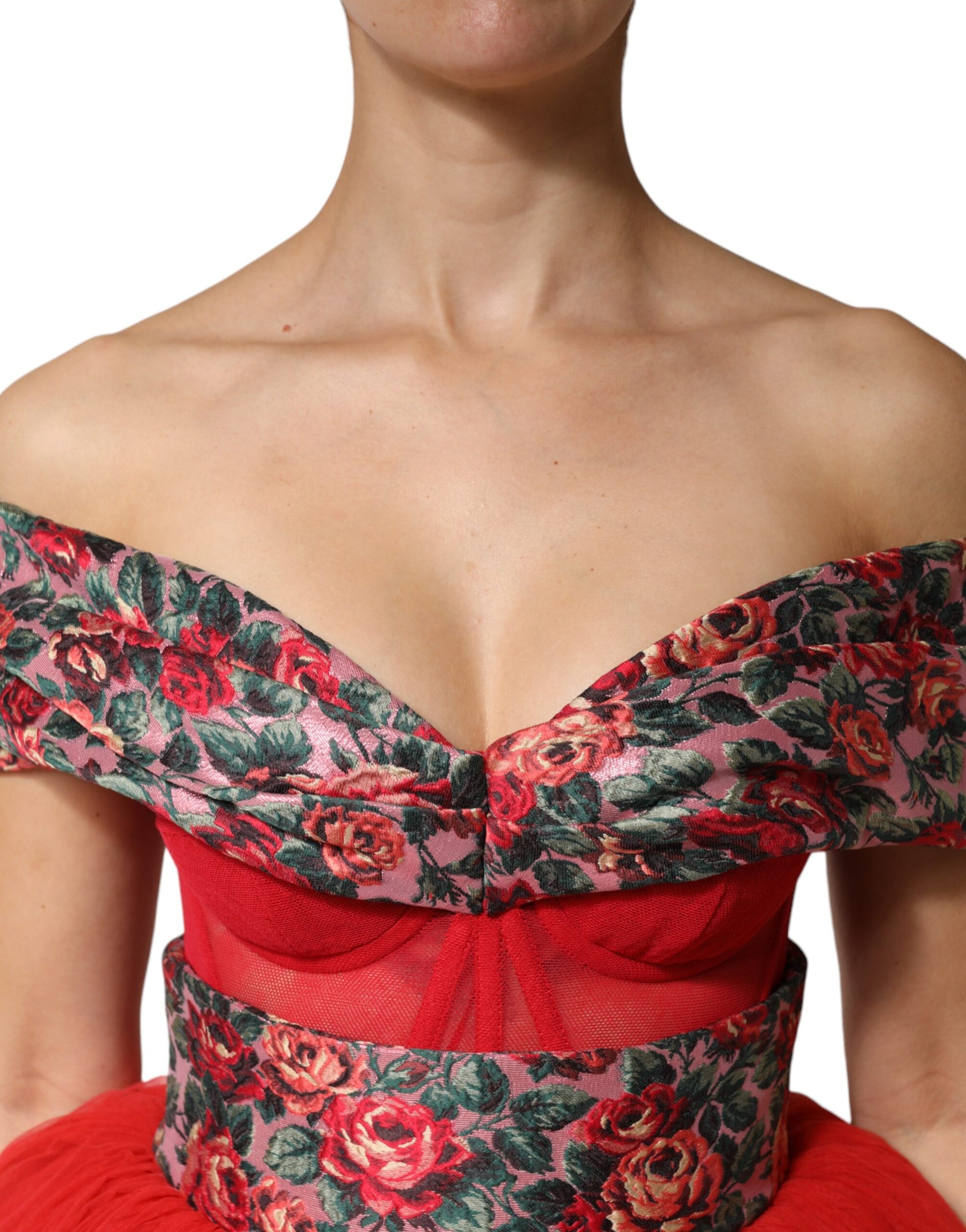 Dolce & Gabbana Red Floral Off Shoulder A-line Gown Dress | Regal Royce