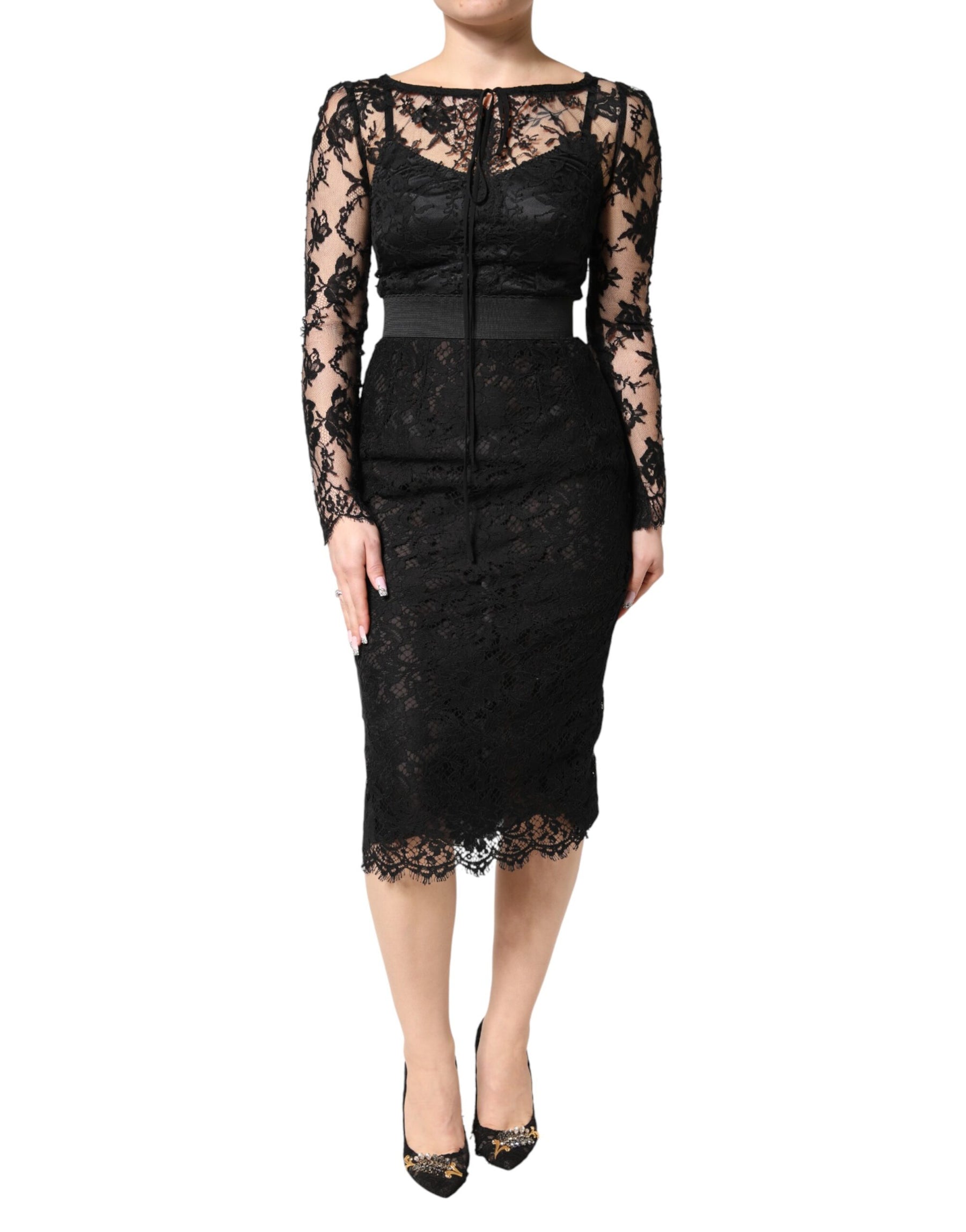 Dolce & Gabbana Black Lace Trim Cotton Sheath Midi Dress | Regal Royce