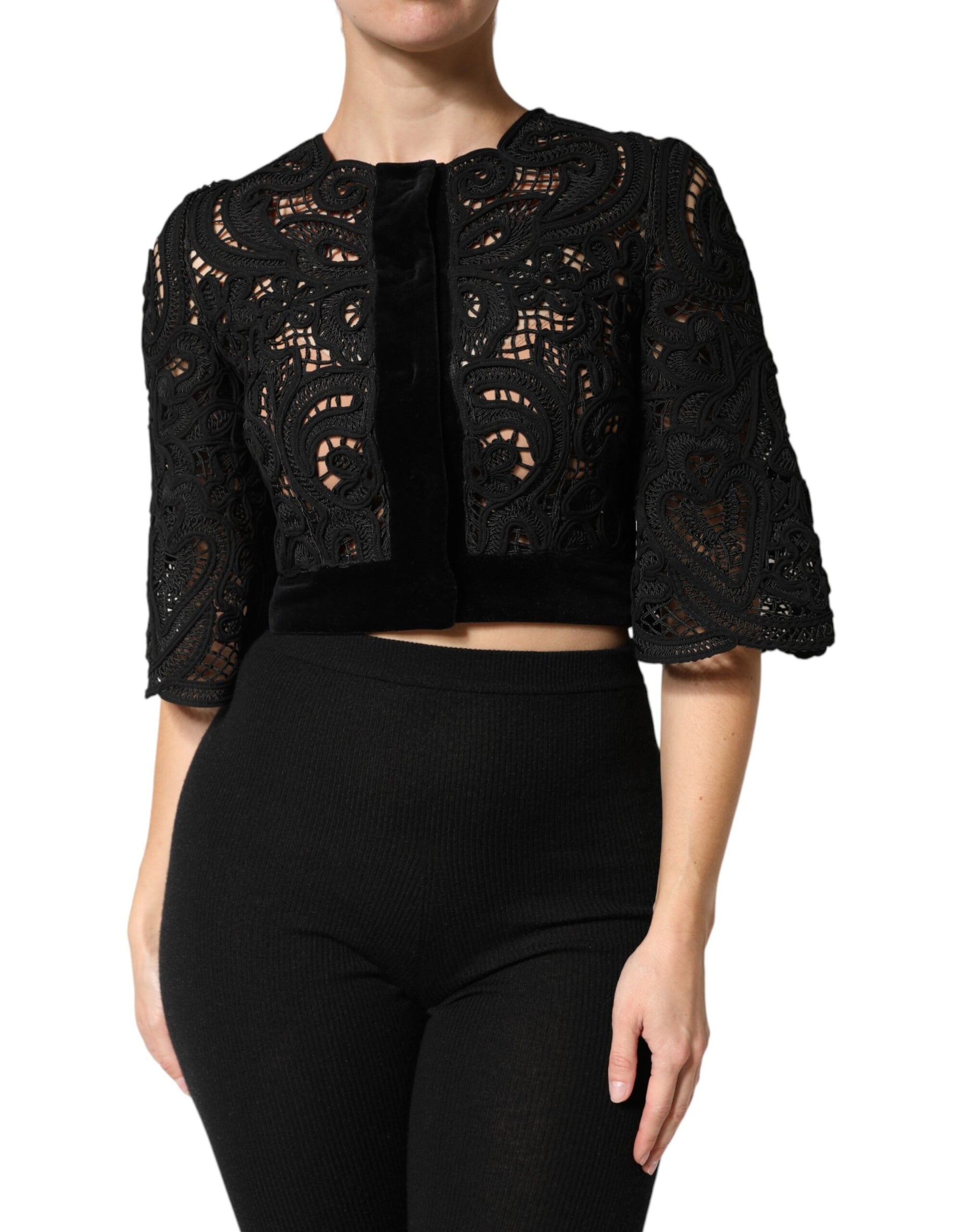 Dolce & Gabbana Black Floral Lace Cropped Coat  Jacket | Regal Royce