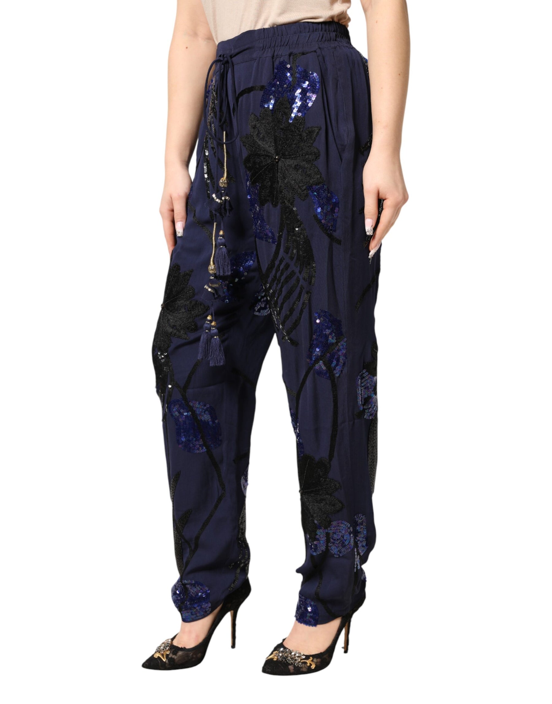 Christian Pellizzari Blue Sequined Tapered Trouser Pants | Regal Royce