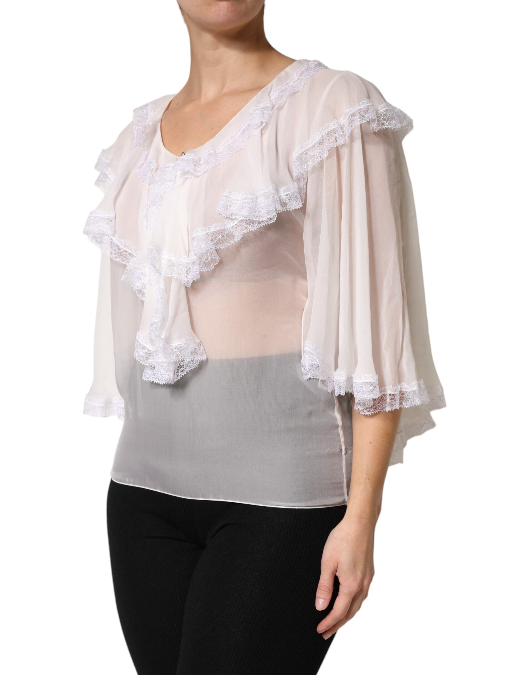 Dolce & Gabbana White Ruffles Lace Long Sleeve Blouse Top | Regal Royce