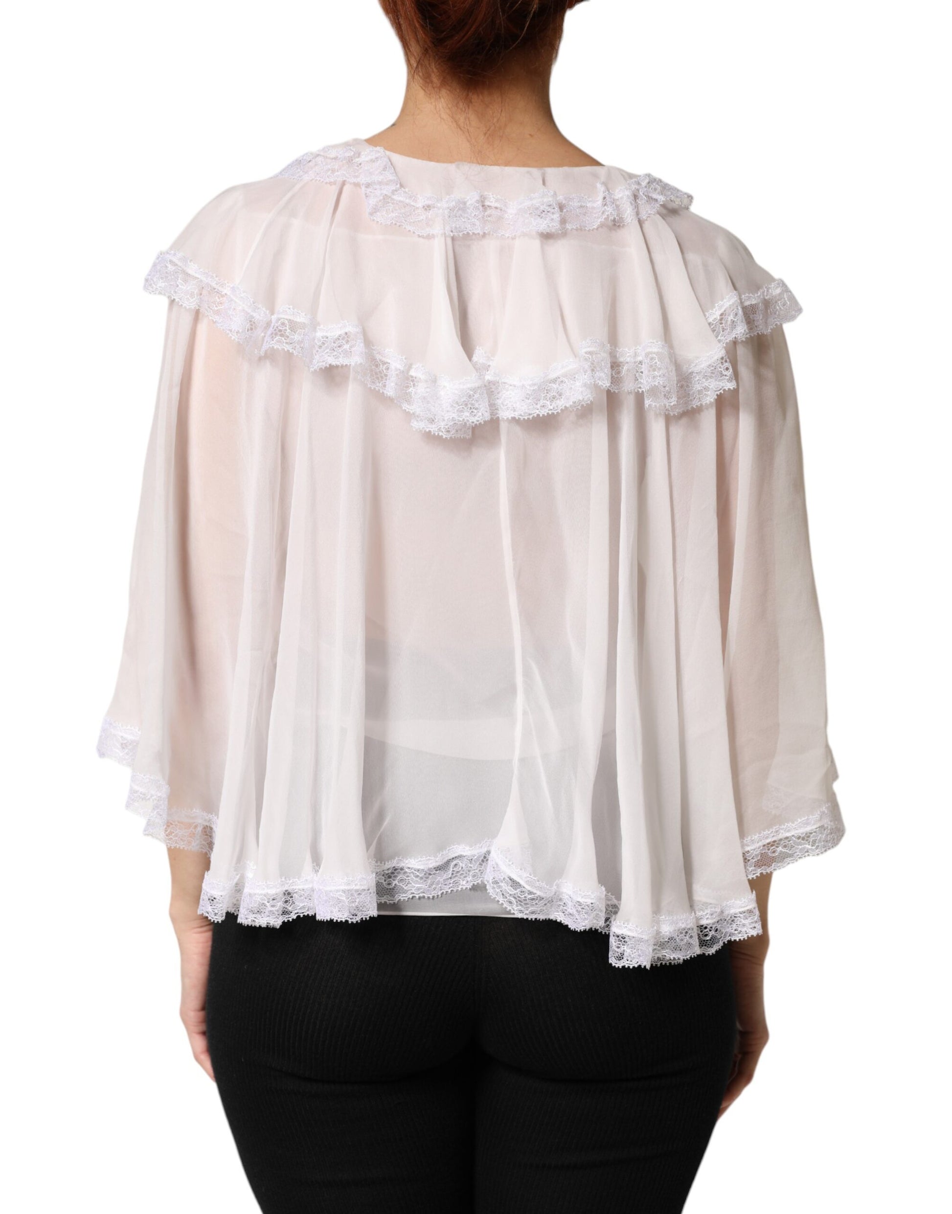 Dolce & Gabbana White Ruffles Lace Long Sleeve Blouse Top | Regal Royce