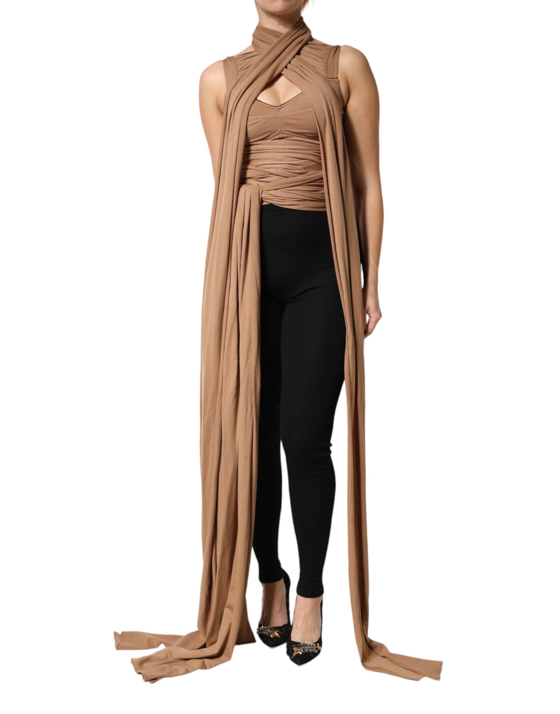 Dolce & Gabbana Brown Virgin Wool Sleeveless Scarf Tank Top | Regal Royce