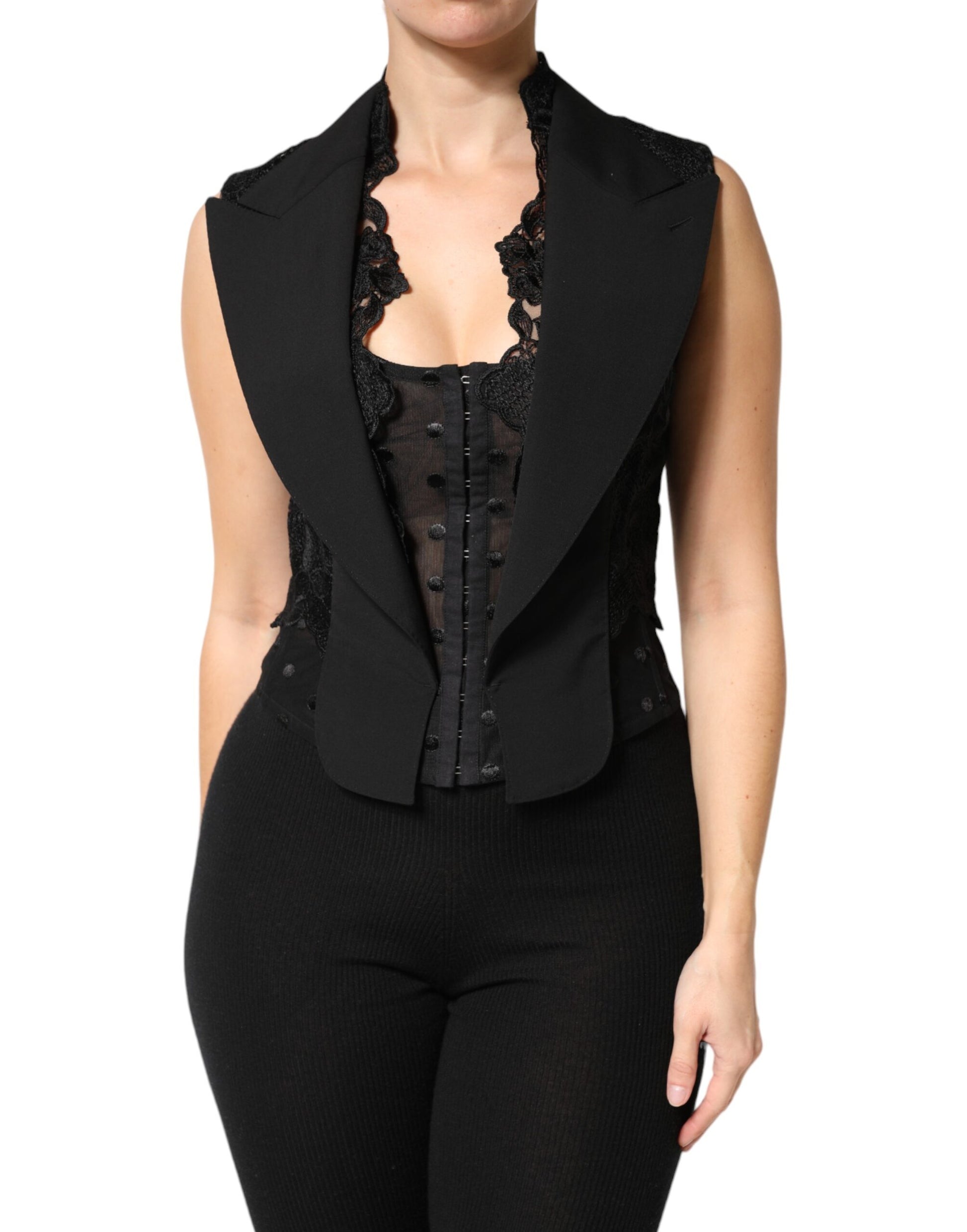 Dolce & Gabbana Black Lace V-neck Slit Hem Gathered Waist Vest Jacket | Regal Royce