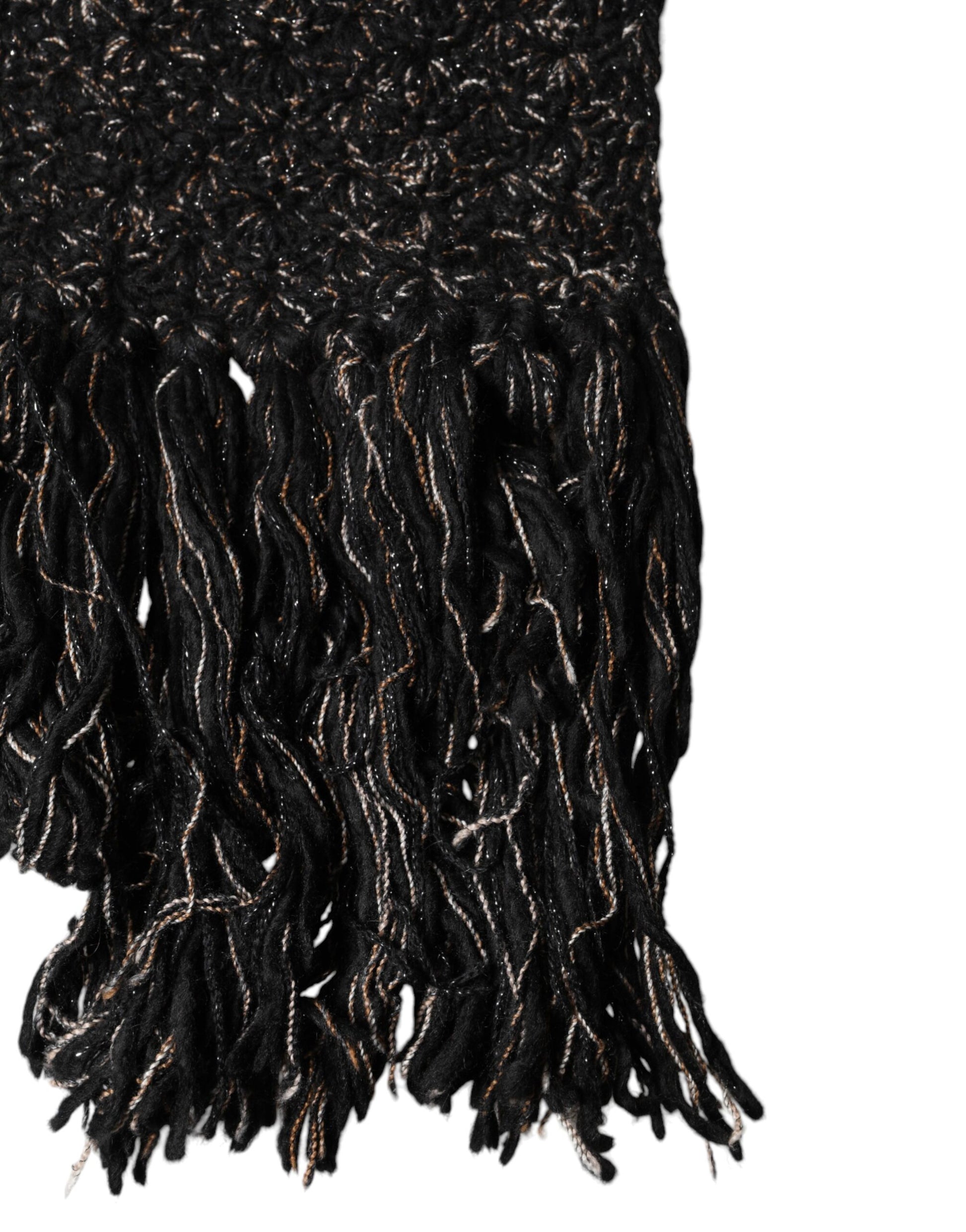 Dolce & Gabbana Black Wool Fringes Neck Wrap Foulard Scarf | Regal Royce