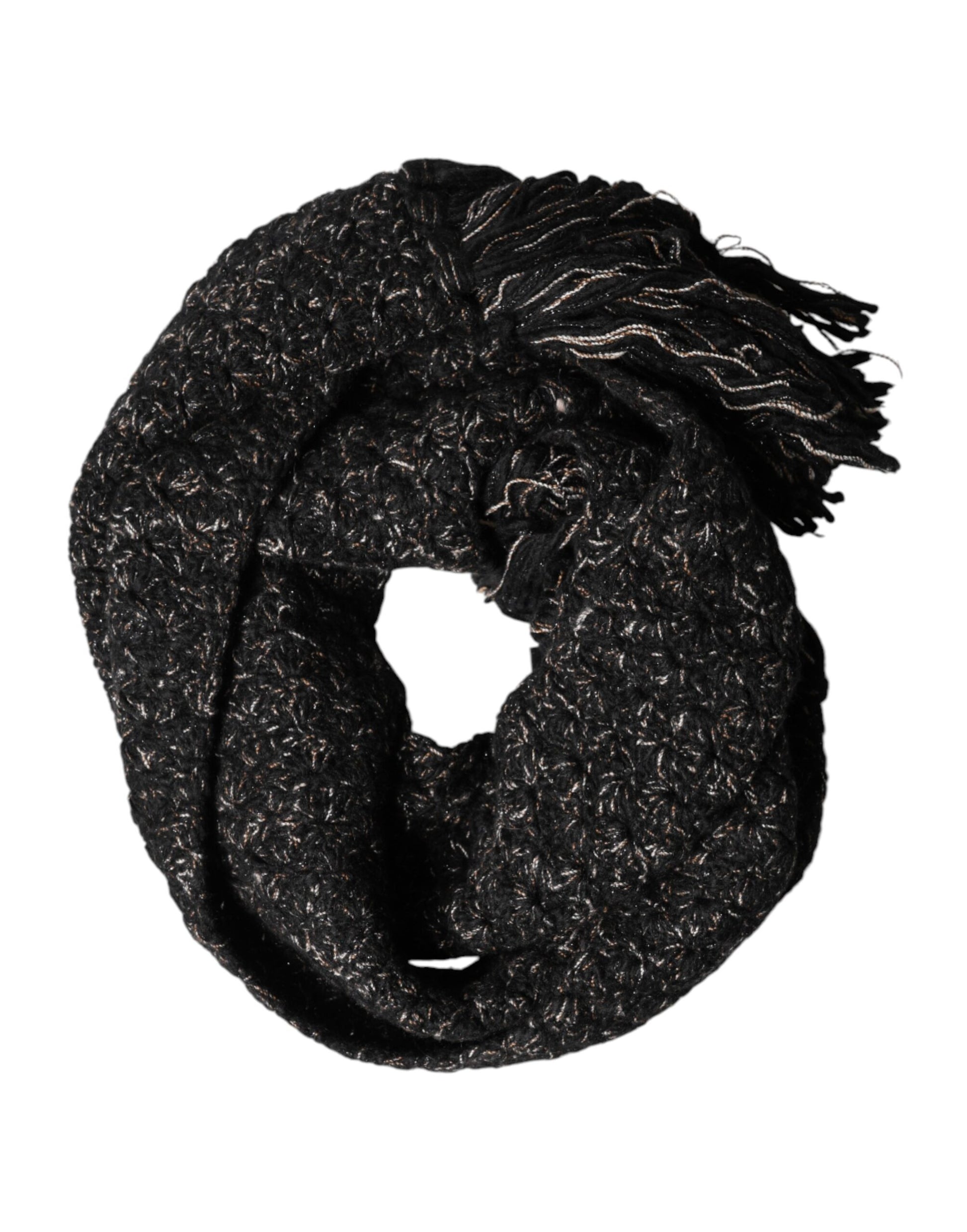 Dolce & Gabbana Black Wool Fringes Neck Wrap Foulard Scarf | Regal Royce