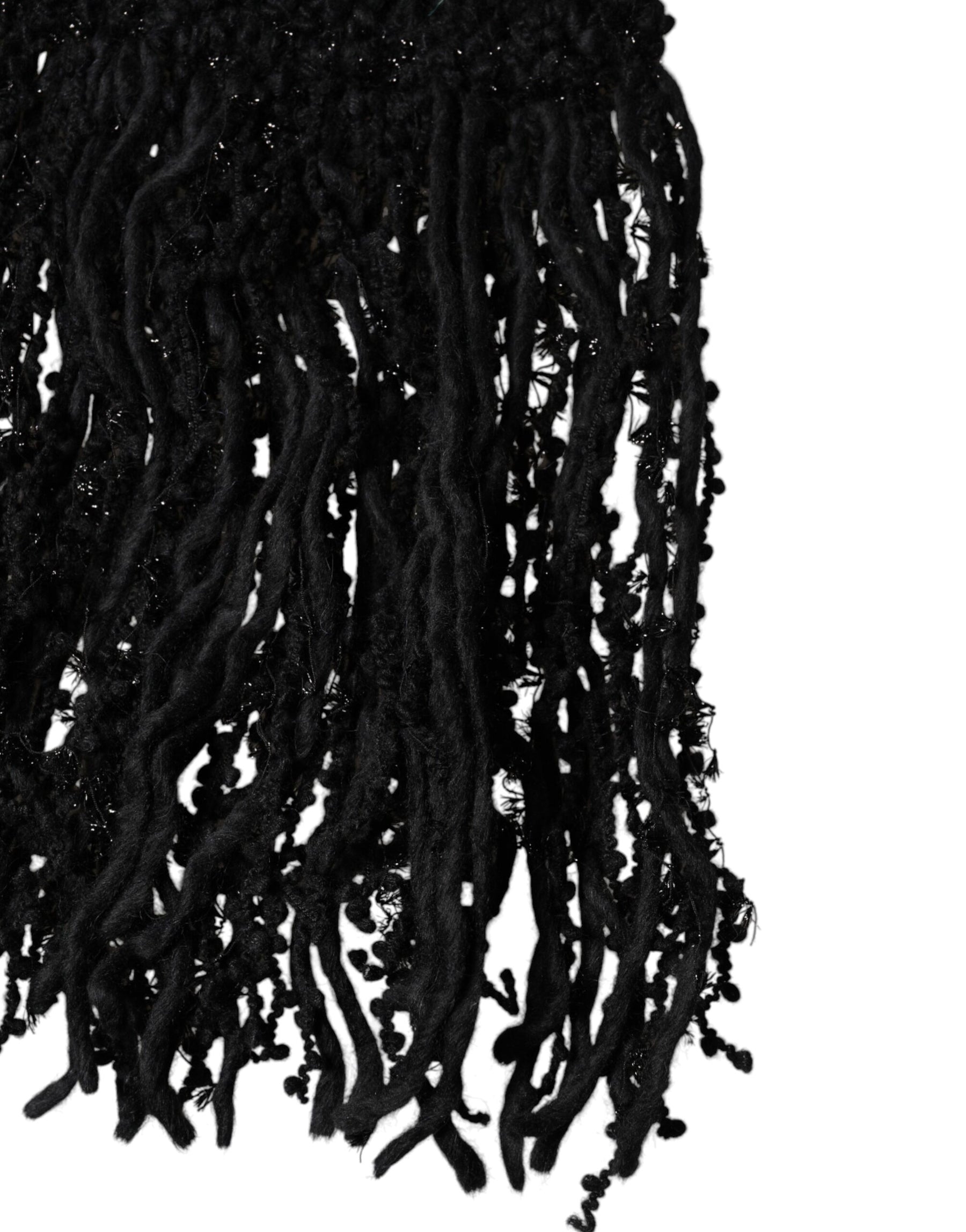 Dolce & Gabbana Black Wool Fringes Neck Wrap Foulard Scarf | Regal Royce