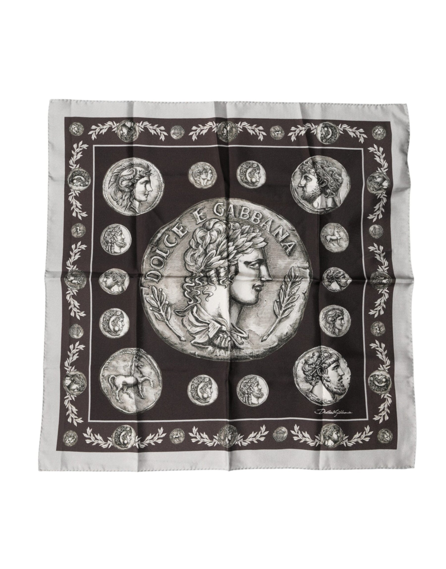 Dolce & Gabbana Brown Roman Coin Print Silk Square Foulard Scarf | Regal Royce