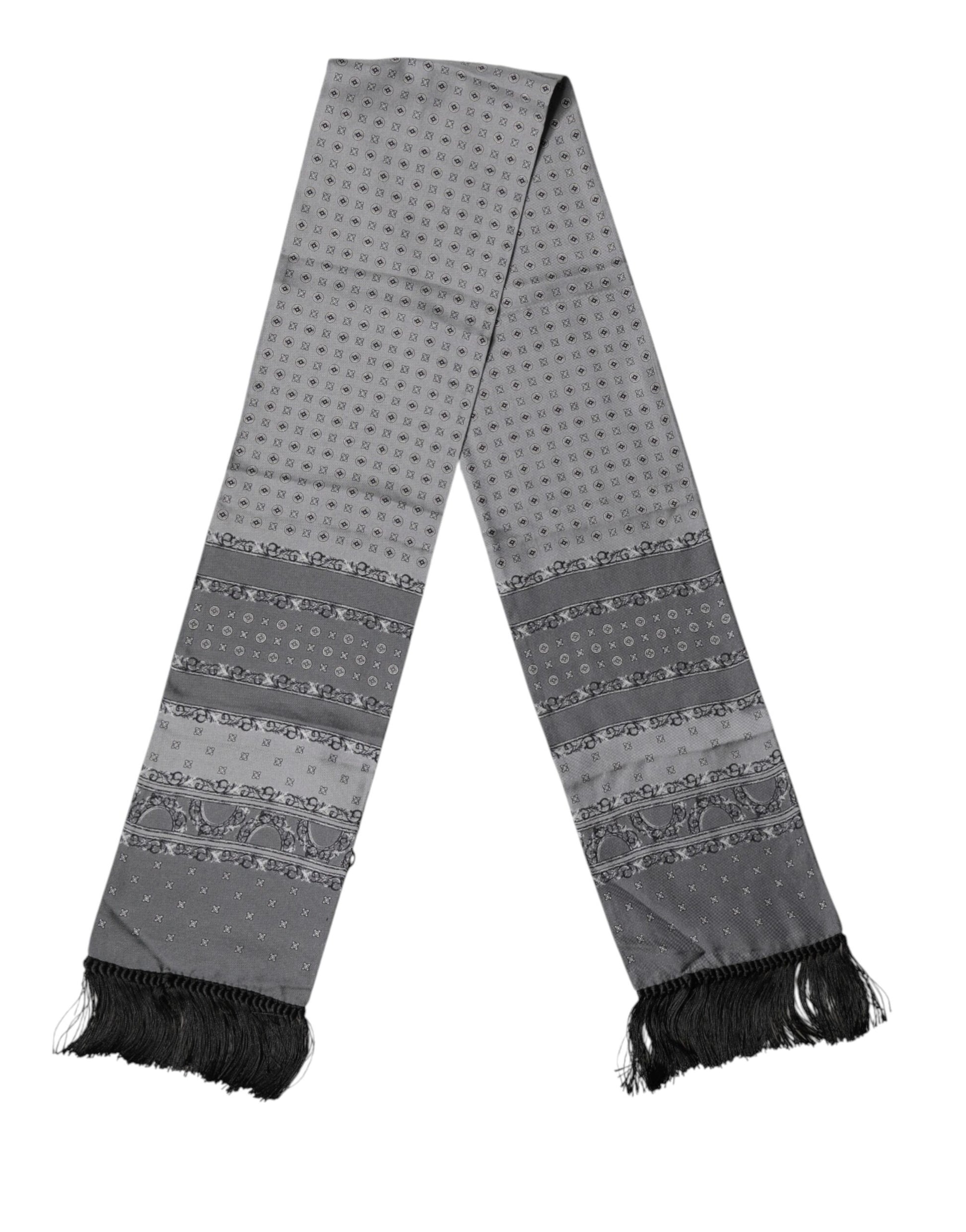 Dolce & Gabbana Gray Patterned Fringes Neck Foulard Scarf | Regal Royce