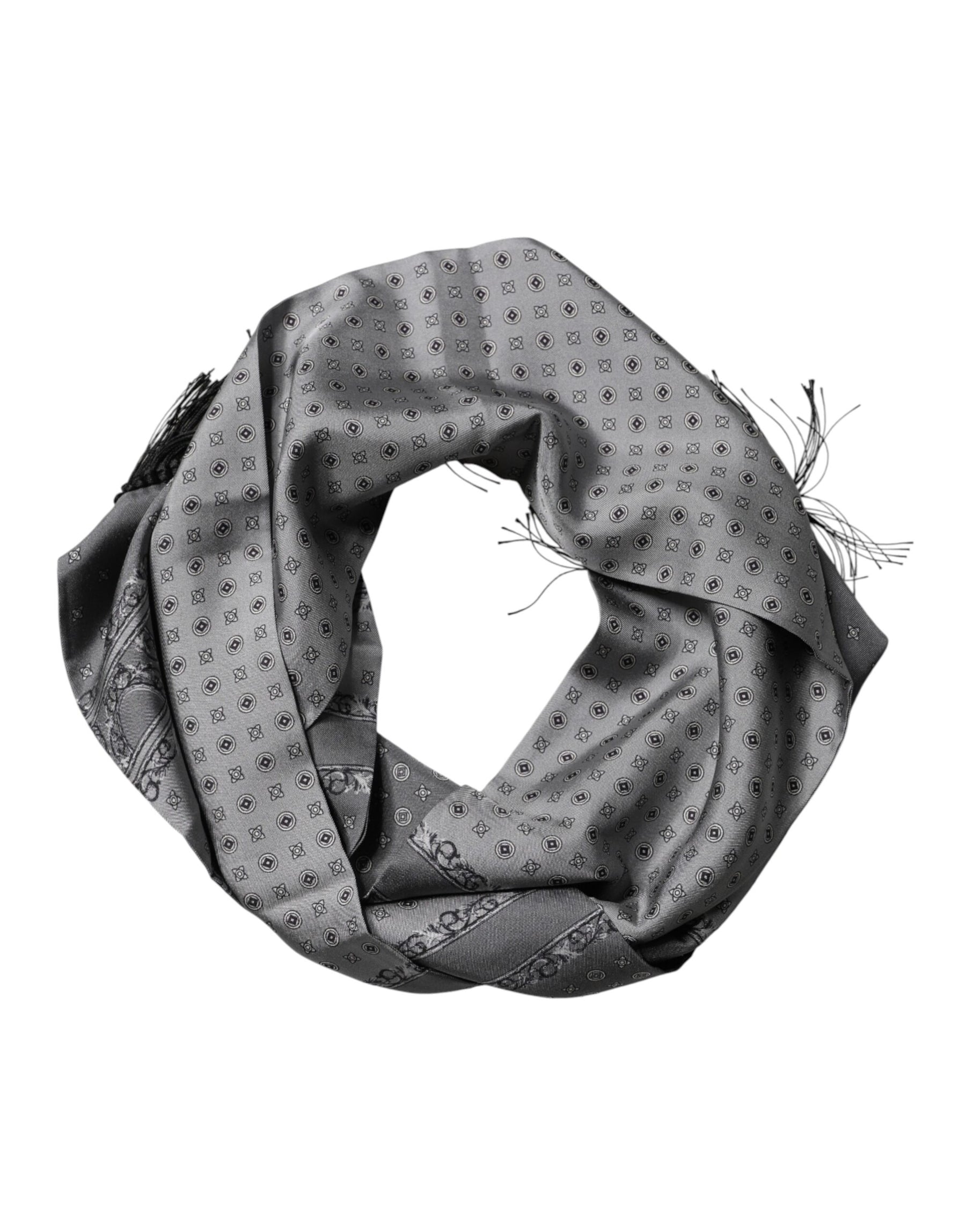 Dolce & Gabbana Gray Patterned Fringes Neck Foulard Scarf | Regal Royce