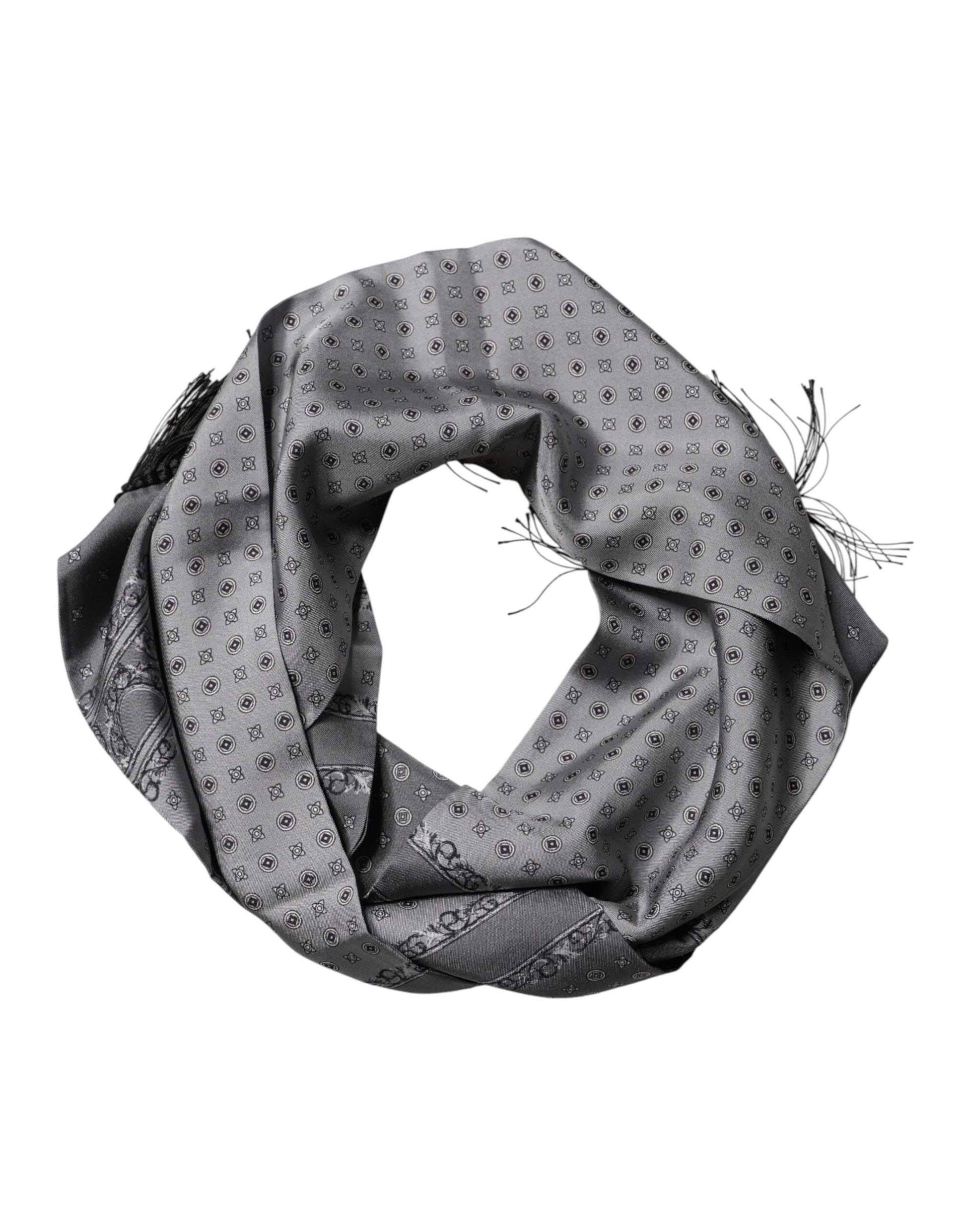 Dolce & Gabbana Gray Patterned Fringes Neck Foulard Scarf | Regal Royce