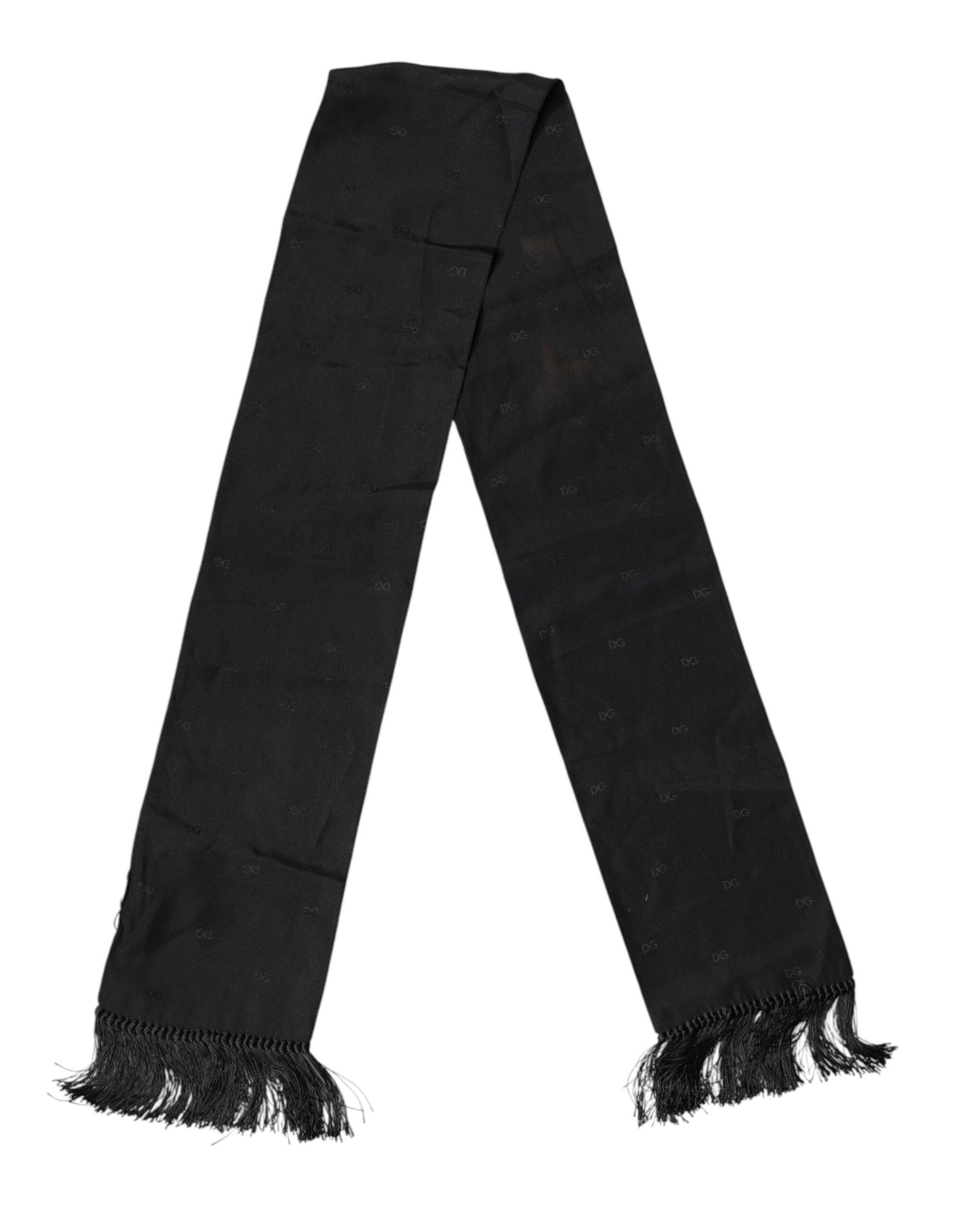 Dolce & Gabbana Black Logo Silk Fringes Neck Foulard Scarf | Regal Royce