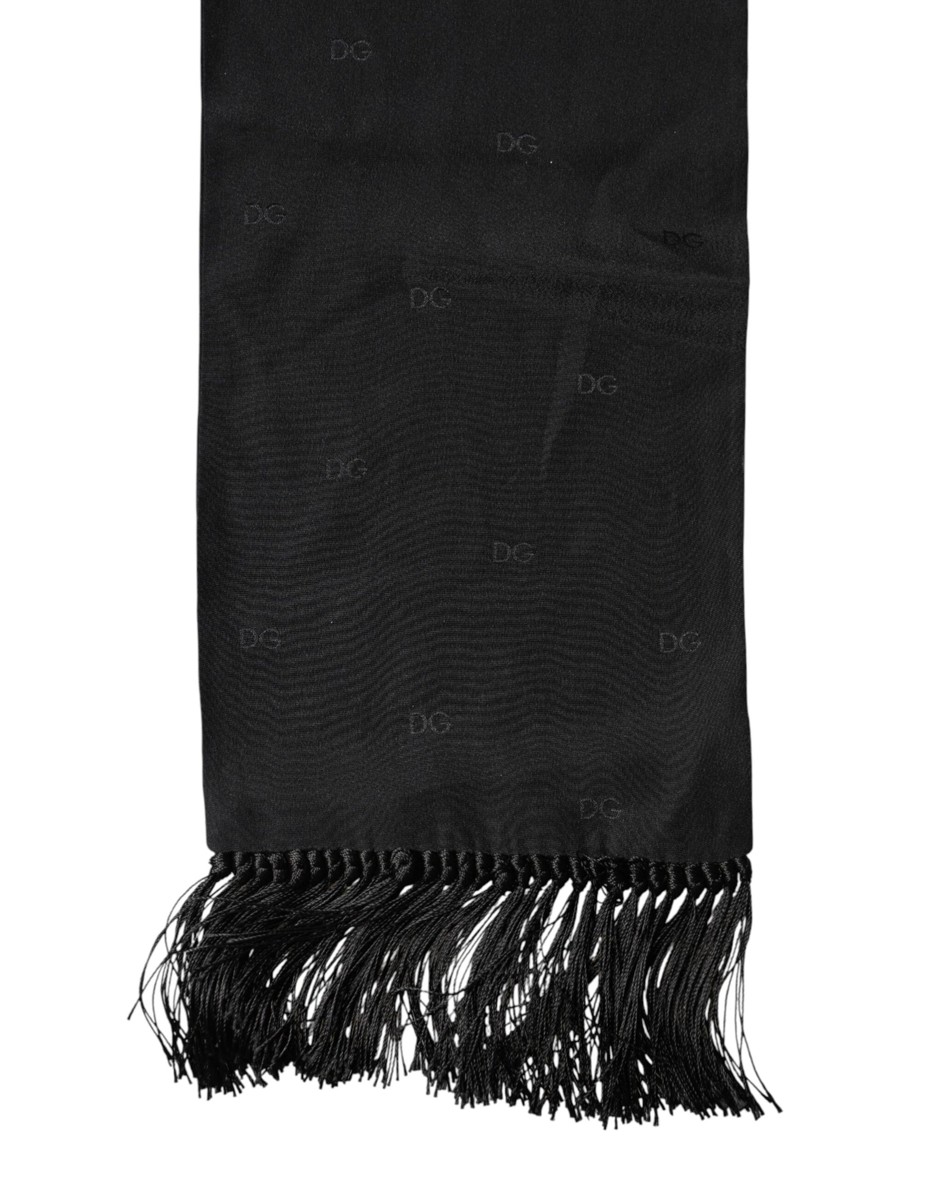Dolce & Gabbana Black Logo Silk Fringes Neck Foulard Scarf | Regal Royce