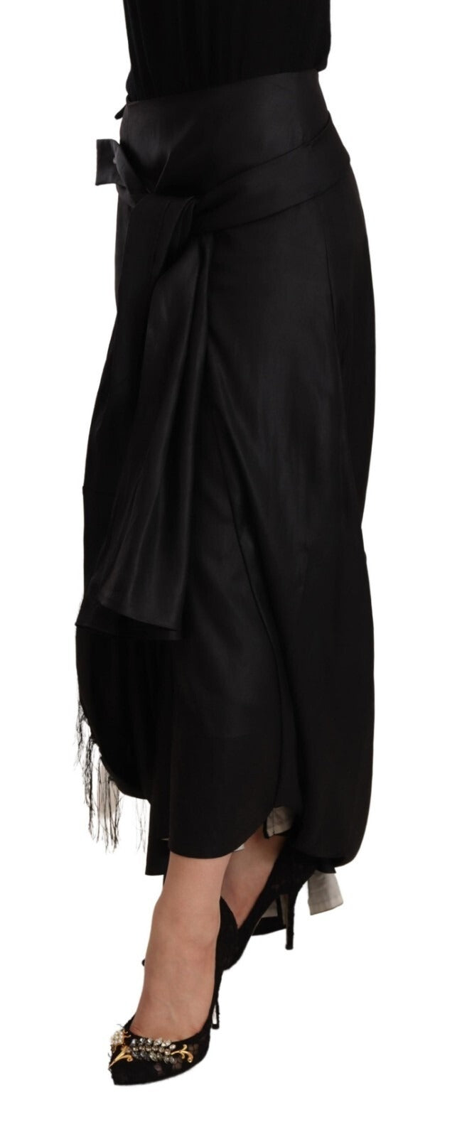 Celine Acetate Black High Waist Wrap Style Asymmetric Skirt | Regal Royce
