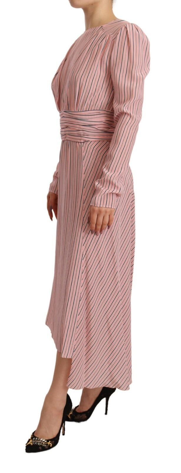 Ermanno Scervino Pink Stripes Long Sleeves Sheath Midi Dress | Regal Royce