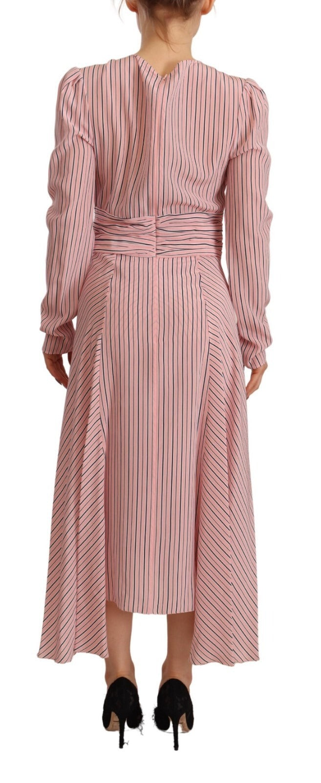 Ermanno Scervino Pink Stripes Long Sleeves Sheath Midi Dress | Regal Royce