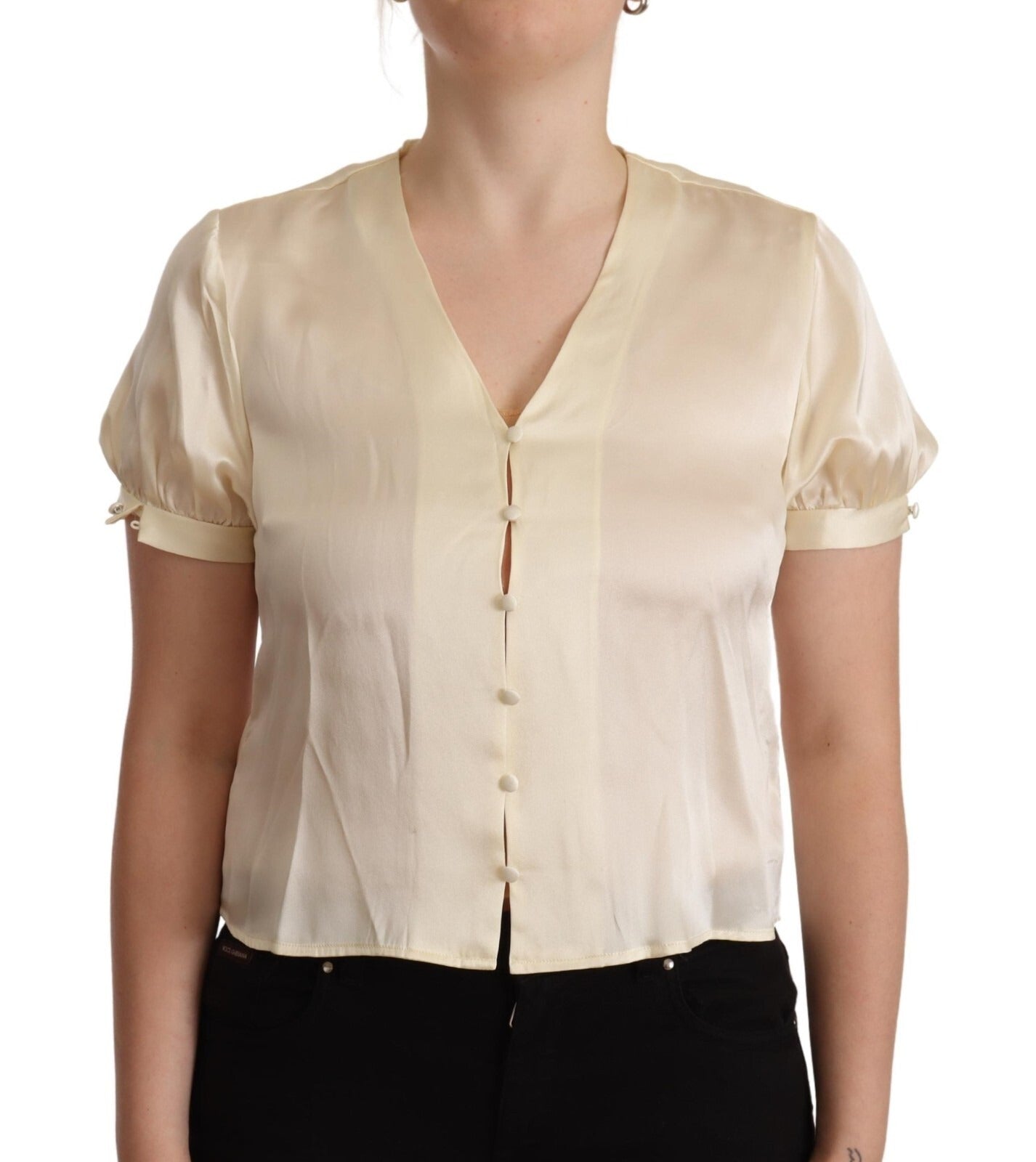 L'Autre Chose Blouse Off White Silk Short Sleeves V-neck Top | Regal Royce