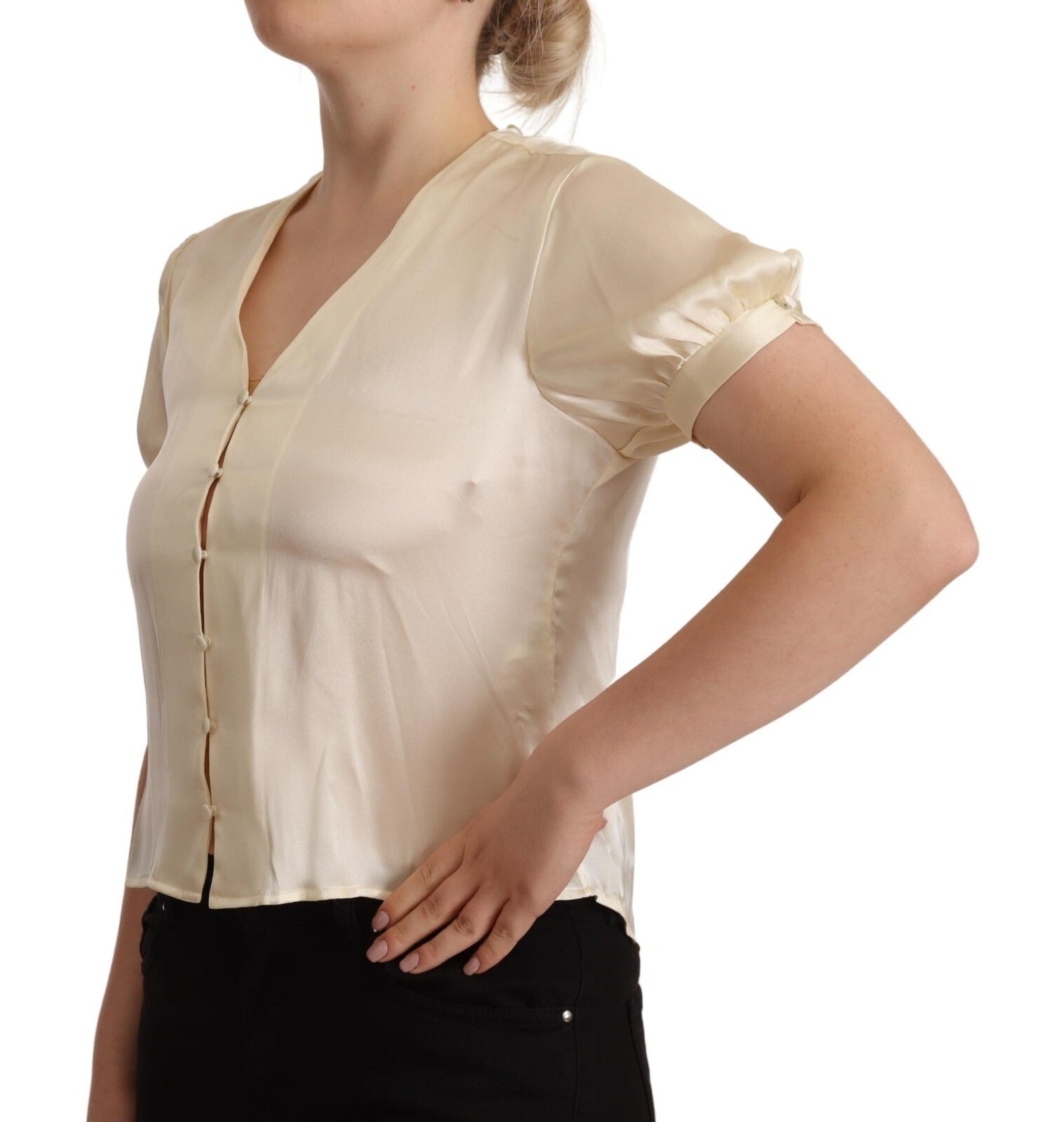 L'Autre Chose Blouse Off White Silk Short Sleeves V-neck Top | Regal Royce